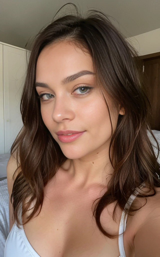 Beautiful brunette with blonde highlights, who is wearing a white cutout top (in her cozy room), Sehr detailiert, 22 Jahre alt, Gesicht unschuldig, Natural wavy hair, blaue Augen, high resolution, Meisterwerk, best quality, komplizierte hohe Detailgenauigkeit, sehr detailliert, scharfer Fokus, detaillierte Haut, realistic skin Textur, Textur, Detaillierte Augen, Fachmann, 4K, charming smile, gefilmt mit Canon, 85 mm, shallow depth of field, Kodak Vision Color, perfectly fitting body, Extremely detailed, Fotografier_\(Ultra\), fotorealistisch, Realistisch, Nachbehandlung, maximale Details, Rauheit, wahres Leben, Ultra realist, Fotorealismus, Fotografie, 8K UHD, Fotografie, ((Upper body selfie, Happy)), Meisterwerk, best quality, ultradetailliert, am Strand, (Tag), Natur, heiter, Blick auf das Meer, Happy, Rucksack, Strandhut, pink shirt small sleeves closed, Schatten, Kontrast, klarer Himmel, Stil, (warmer Farbton, warmer Ton: 1.2), Nahaufnahme, Filmisches Licht, Seitenbeleuchtung, Ultrahigh resolution, bester Schatten, ROH, Gesichtsteil, ernster Blick, Normal breasts, 4K, Natur, Spitze, Kurzer Rock, the road, Italien