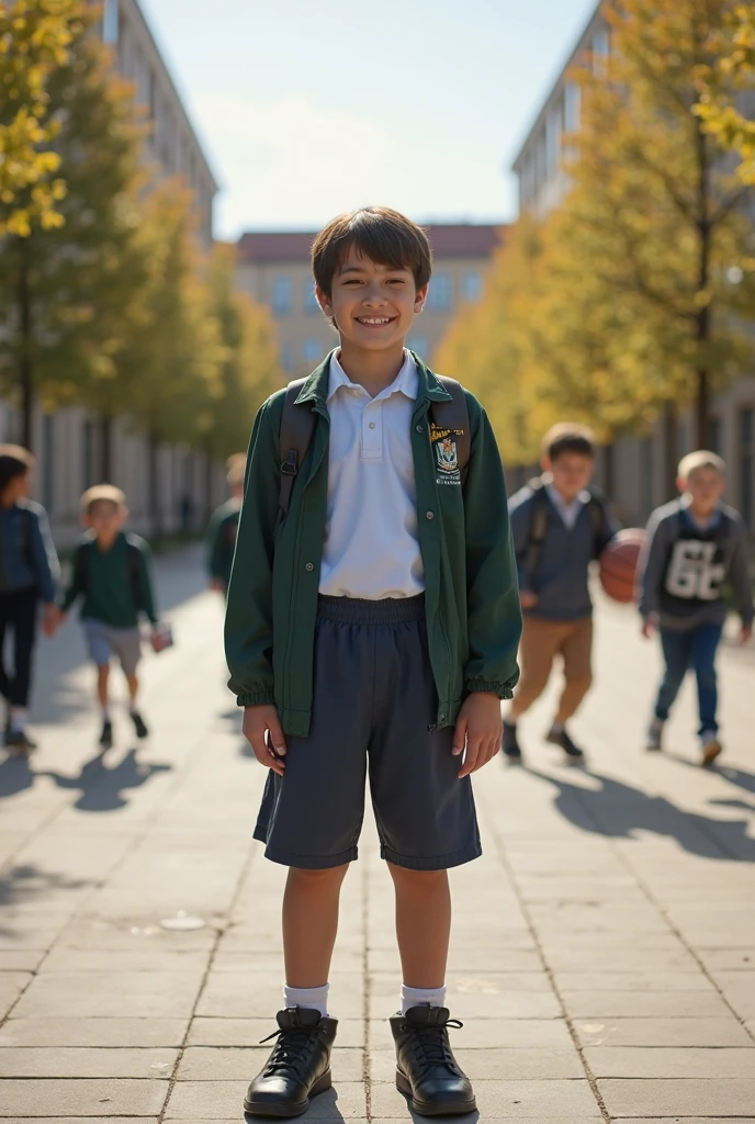 Student in uniform in front of the school 