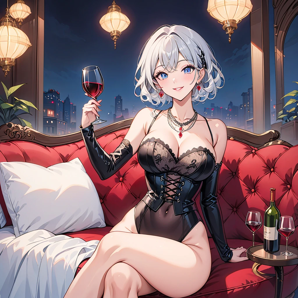 Silver-white hair, wolf cut hair, under-frame glasses, ice-coloured eyes, narrow eyes, teardrop mole, ball gown, male, 27 years old, luxury sofa, wine glasses, red wine bottle