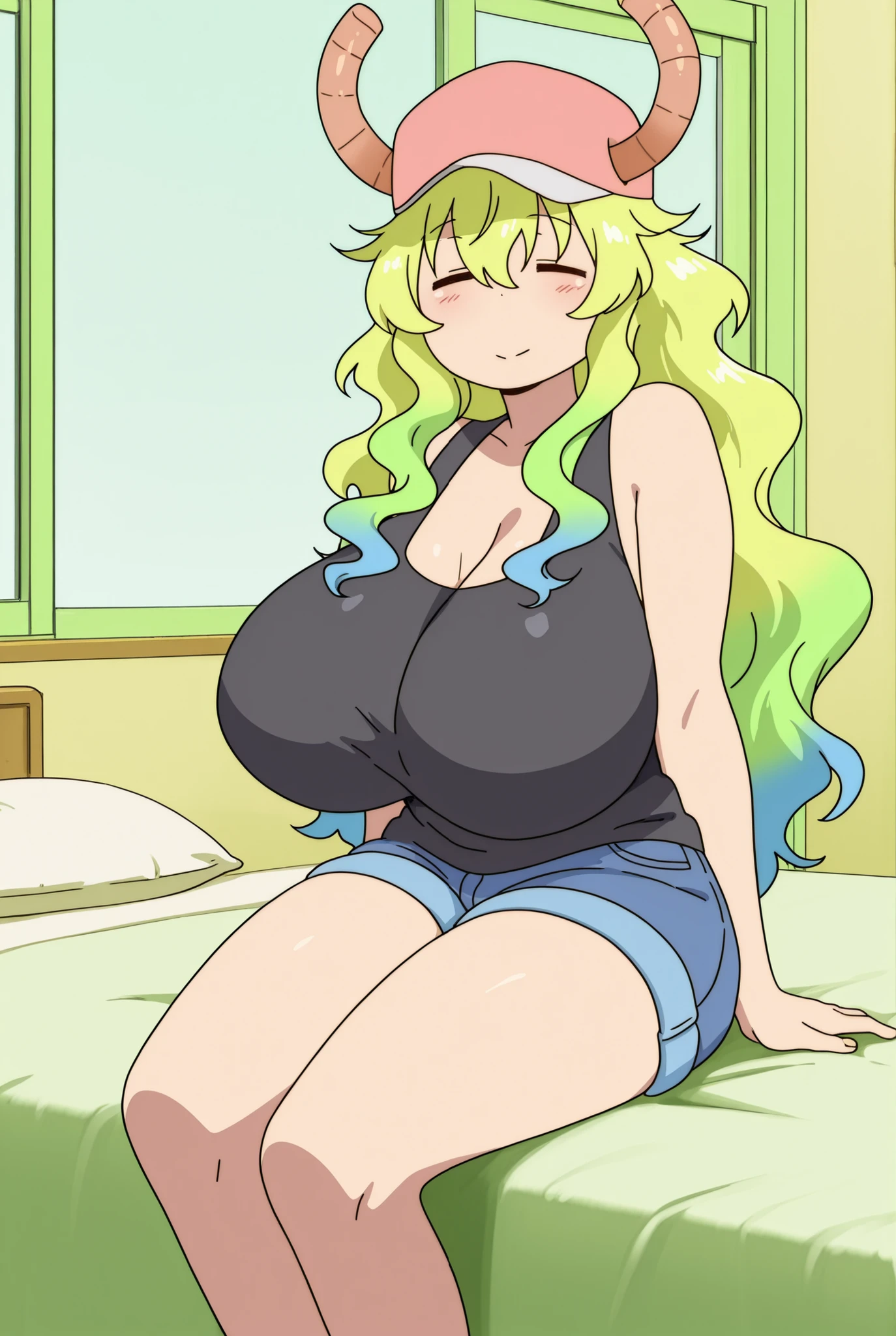 Lucoa, 1girl, solo, closes eyes, demon horns, (gigantic breasts:1.10), pink headwear, black tank top, denim shorts, best quality:1.2, beautiful, high quality, highres:1.1, detailed, extremely detailed, ambient soft lighting, 4K, perfect lighting, nice hands, perfect hands, (Big hips 1.05), (gigantic ass 1.05), look at the viewer, in a room