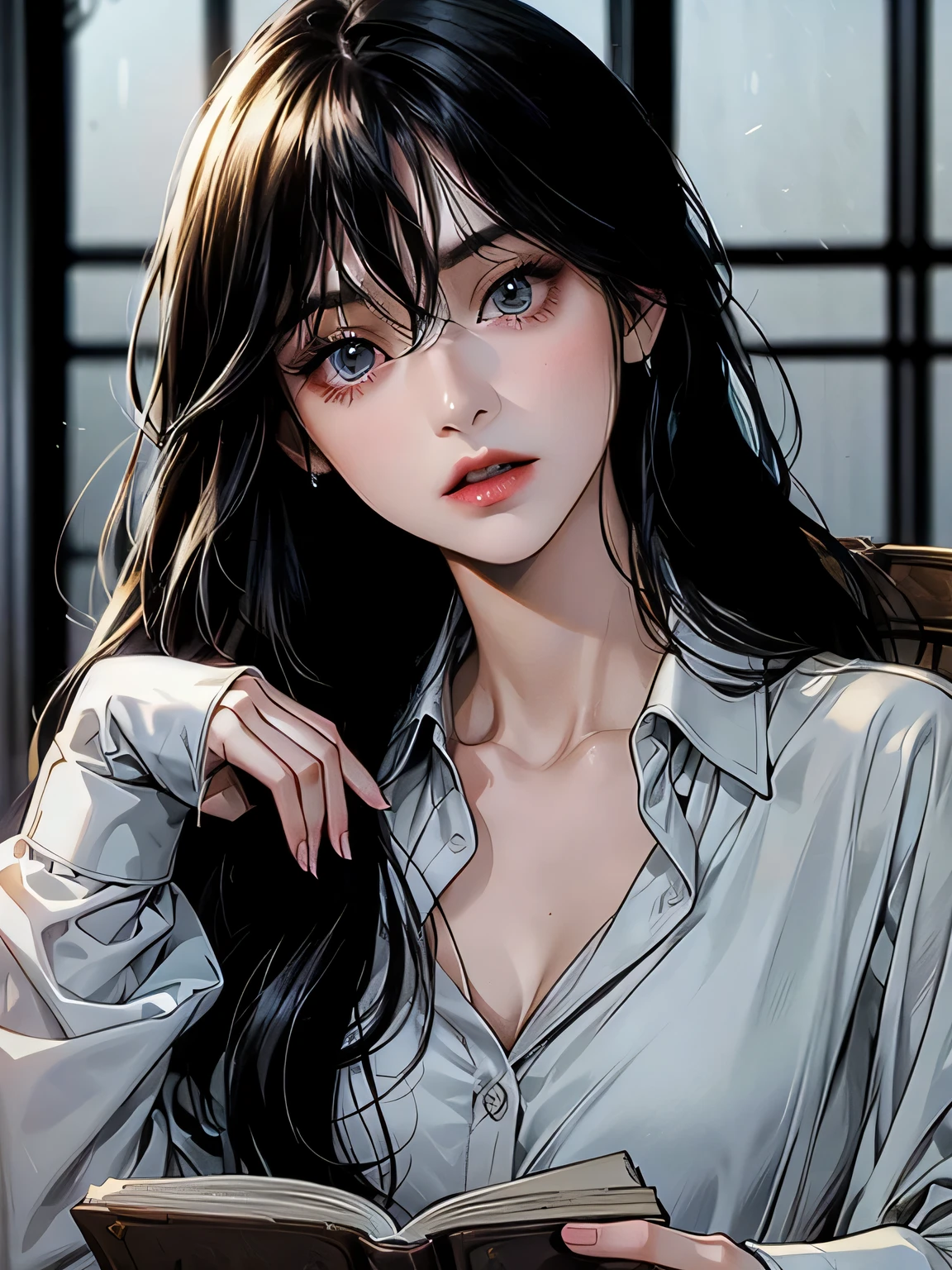 realistic, photorealistic,Warm lighting, NOISE OFFSET,1girl,upper body, facing  straight, (looking at viewer), medium breasts, collarbone,cleavage,black (front-tie top),eyeshadow,parted lips,  (1_pureerosface_v1:0.3),slim waist,