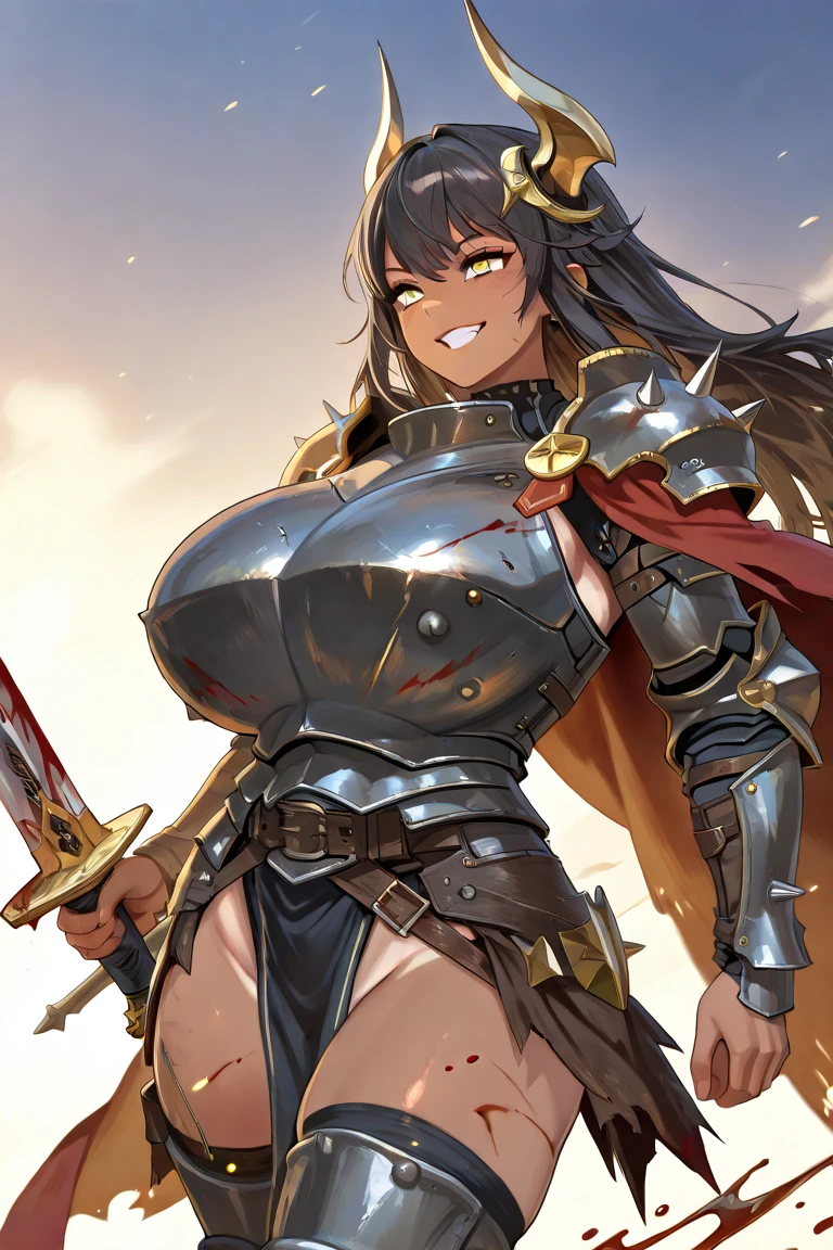female knight Golden Armor silver sword Black Hair tiara Beautiful breasts Shortcuts Torn white miniskirt Torn white tights battlefield In combat snow Flaming Rin々A funny expression