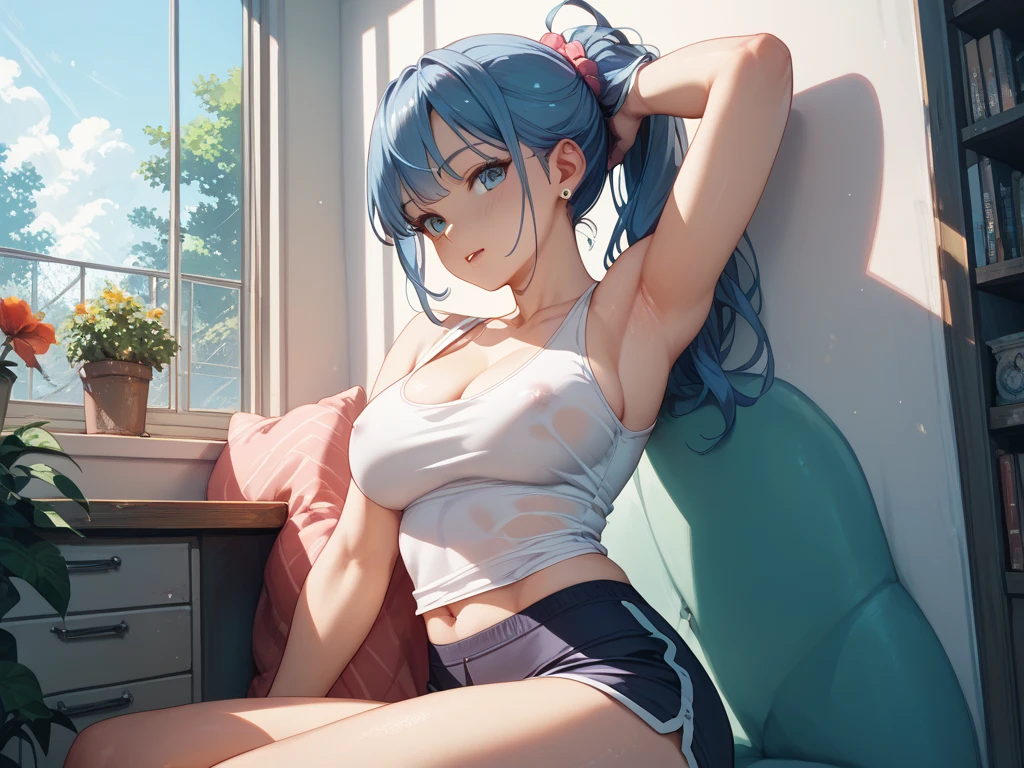 Character Details:, - Gender: 1 Girl. - Style: Anime, - Body Type: Attractive body, slim body, nice legs, slim tights, nice arms, nice shoulders. - Breast: ((Small Breast:1,5)), Cleavage. - Facial Feature: Beautiful, Gorgeous, Teenager, Fresh, Young. - Expression: Shy, Smile, Horny, Pink Blush on Face, Sexy Eyes, Sexy Look, (Sweating:1.4), Innocent Look, Tipsy. - Hairstyle: Blunt Bangs, Long Hair. - Hair Color: Light Blue Hair. - Clothing: ((Office White Shirt:1.4)), (White Bra:1.5),((Office Skirt:1.4)), (off-shoulder:1.6), (Stocking:1.4). - Body Pose: (Sitting), (close up, top view). - Behaviour: Waiting, Want Something, Secretly. - Accessories: Earrings., Environmental Details:, - Setting: Office Room., - Lighting: Natural Light., - Decoration: Modern Office Desk, Chair, Window, White Curtain, City View. Top view. pov, anime style, UHD, retina, masterpiece, accurate, anatomically correct, textured.