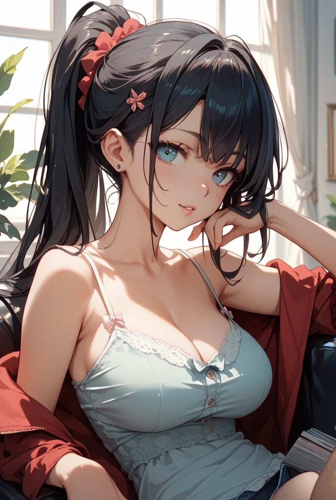 bloom, lens reflection, (8k, raw, professional, best quality, masterpiece: 1.2), (actual, photoactual: 1.37), Super detailed, (Wide angle 25mm portrait), (The most delicate skin: 1.2), The facial details are very rich, light, 1 girl, black curly hair, (windy), Stand on the couch, dark light, looking at camera, big breasts, Black and red shirt  
