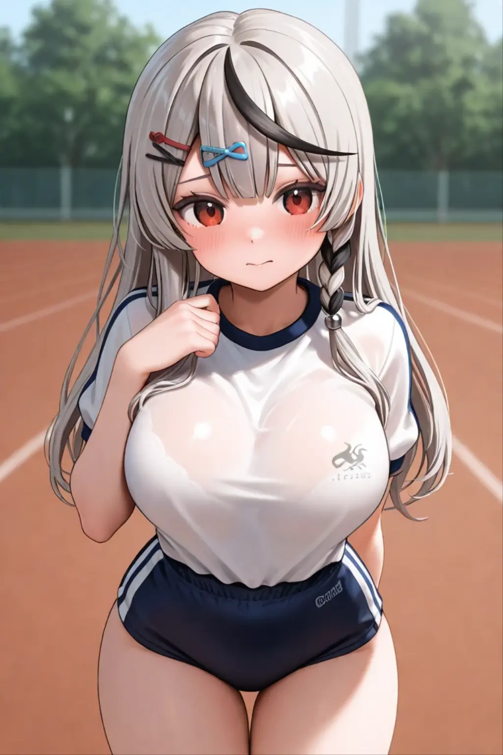 (8k, RAW photo, best quality, masterpiece, highres, absurdres, ultra detailed:1.3), (Photography, realistic, photo-realistic:1.4), (beautiful natural lighting, beautiful deatailed shadow, beautiful detailed glow :1.4),  atmospheric,

BREAK 1 beautiful girl,,(kawaii:1.5),(Chibi:0.5),(cute:2),(Loli:2),(12 year old girl),(huge breasts:1.65), (A detailed eye,Tsuriformes:1.2),(Silver hair,Long hair in a bun,Deco:1.8), star eye silhouette, (long eyelashes, Double eyelids:1.2), cleavage, ,Swaying udder, Clear skin, Beautiful skin, Shy, Erect ,Clear skin, Beautiful skin, Shy, gleaming skin,(:d,blush:1.25), 

BREAK

(gym clothes,white t-shirt,sports shorts:1.2), Cotton t-shirt,  (bouncing breasts,unaligned breasts:1.4), BREAK ,(running,track,school yard,Athletic field,Banner of all nations,clear blue sky,autumn,natural light natural sunlight,motion blur,motion lines,dynamic angle:1.4),

BREAK wakame,wakame,wakame,(cowboy shot, from front above:1.4),  BREAK manga illustration,manga style, 