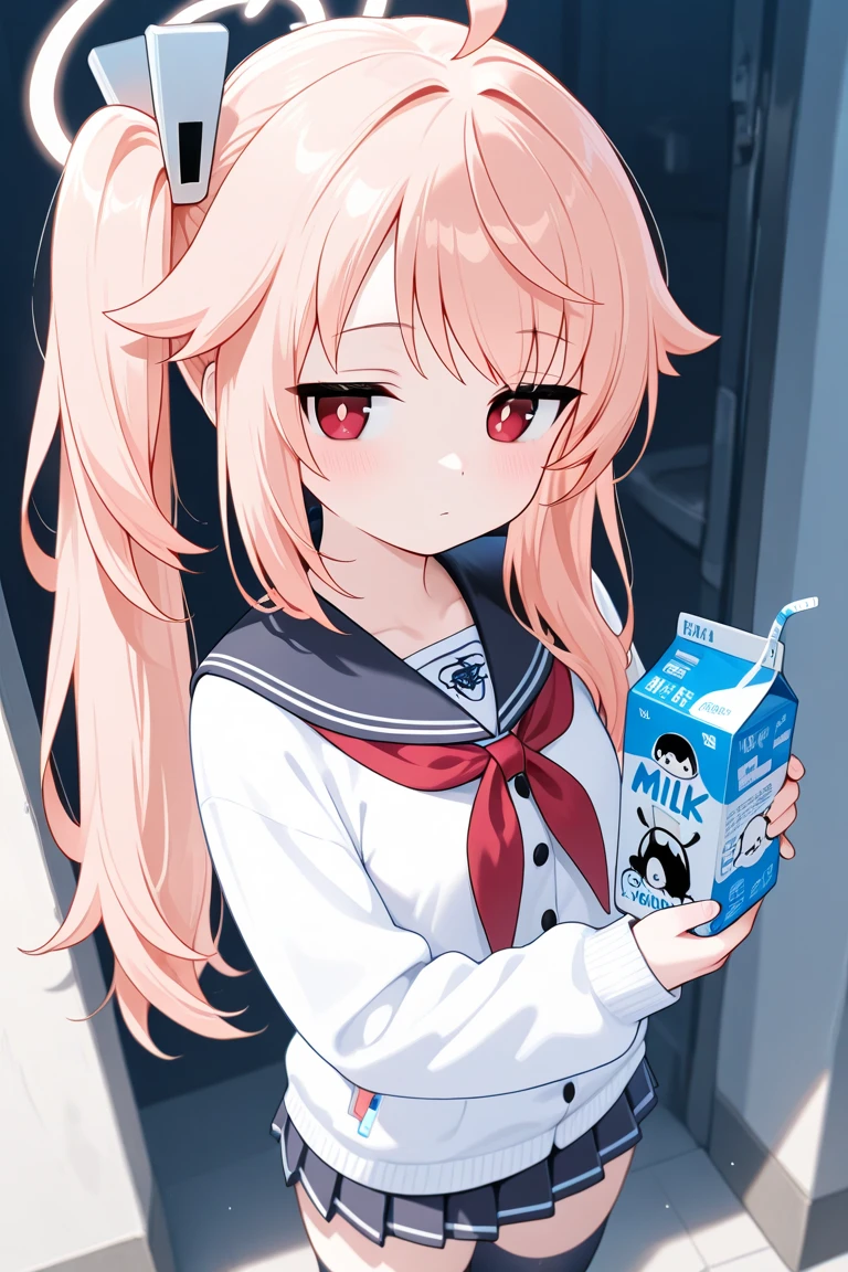 best quality, masterpiece, highres, solo, {natsu_bluearchive:1.15}, pink_hair, long_hair, side_ponytail, halo, red_eyes, ahoge, blush, bangs, serafuku, hair_ornament, 1girl, holding, long_sleeves, looking_at_viewer, neckerchief, pleated_skirt, red_neckerchief, sailor_collar, school_uniform, simple_background, skirt, white_background, black_sailor_collar, black_skirt, juice_box, parted_lips, thighhighs, white_cardigan, black_thighhighs, cardigan, drinking_straw