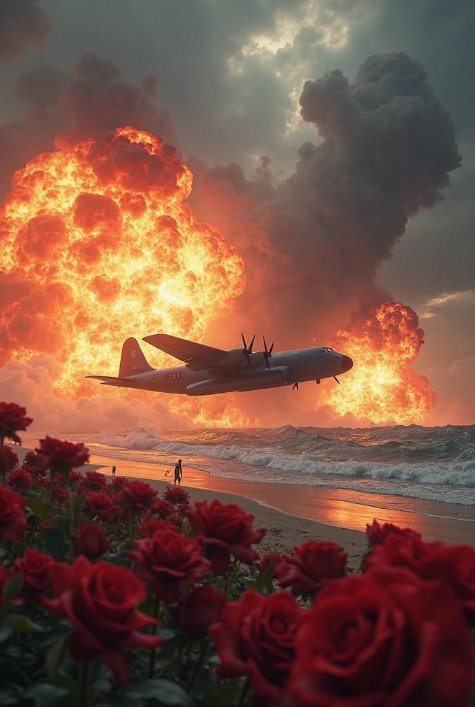 war scene, warplane invading a beach, big explosions, roses flowers on the ground, people fleeing in the background, cinematic, dramatic lighting, dark color palette, photorealistic, highly detailed, 8k, masterpiece, professional, ultra-detailed, physically-based rendering, extremely detailed description