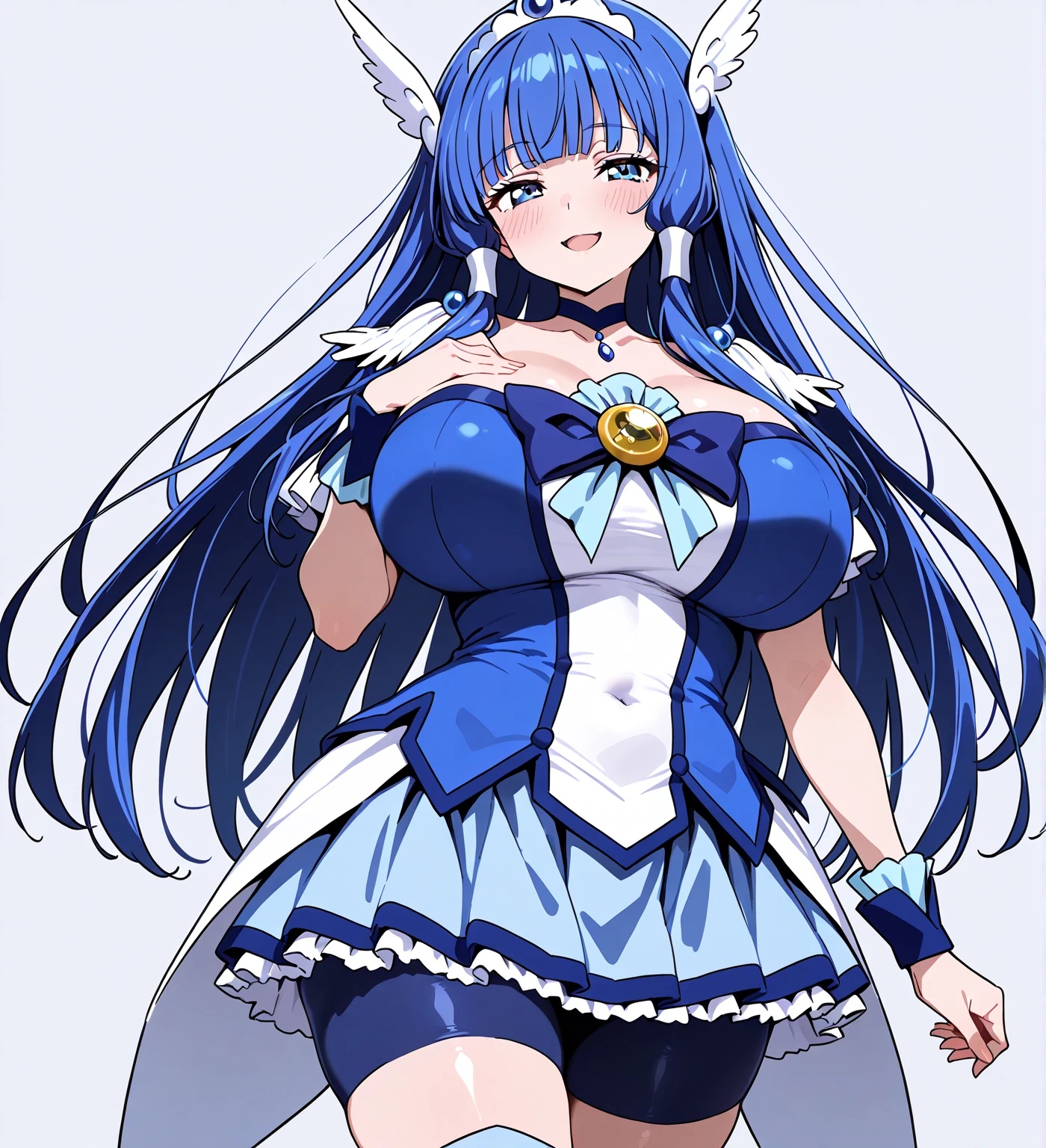 <lora:kurasukeepoch-000003:1>, 1girl, mature, blue hair, yellow eyes, large breasts, white dress, simple background,