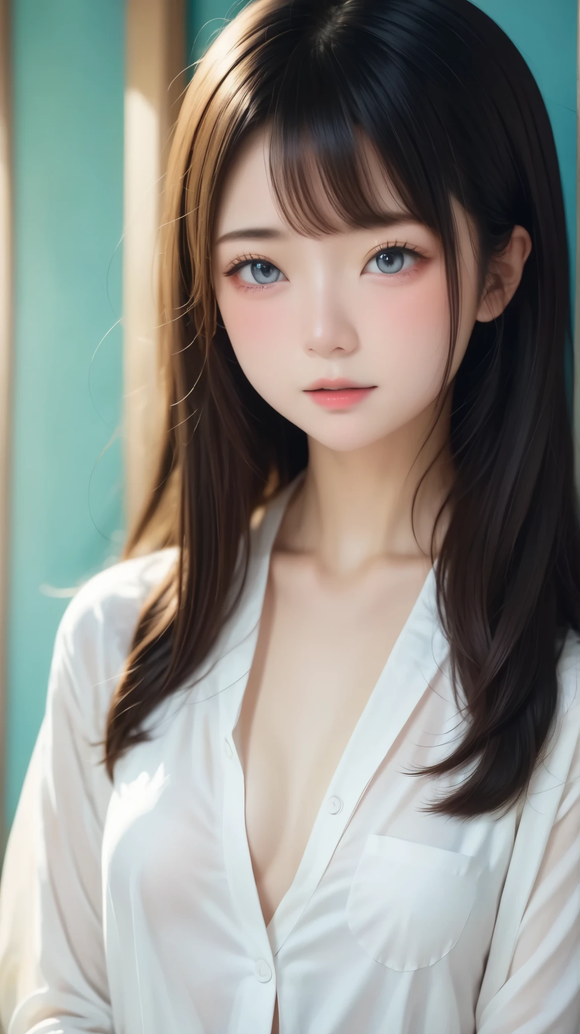 realistic、realism、PORTRAIT PHOTO、perfect anatomy、very realistic skin texture、(((skinny:1.2)))、real face、no makeup、womanhood、very light pigmented eyes、小顔のwomanhood、cute face、beautiful skin、Single Girl、 incoherent expression、teenager、(((dark haired:1.5、straight hair、Long Hair)))、Beautiful Eyes、light gray eyes、(((白色のbusiness shirt:1.7、Open button、business shirt)))、small breasts、Morning quiet time、White and pale blue background