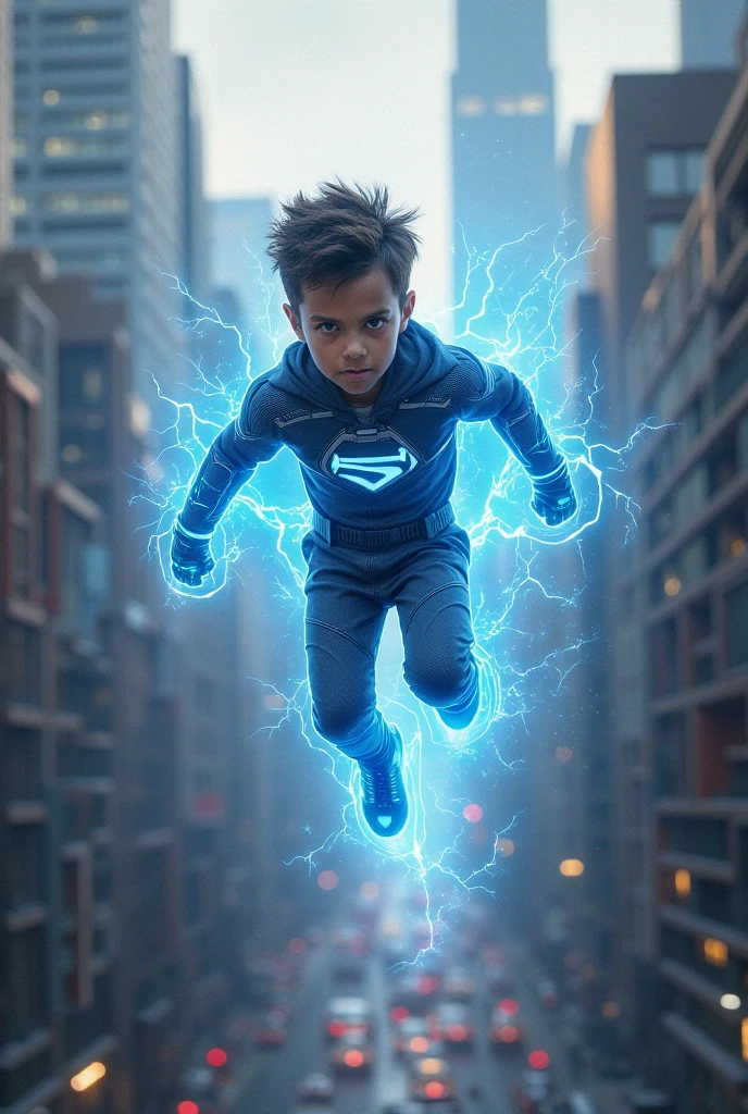 A boy who got struck by lightning and got speed, flying, lighting bolts, a superhero suit blue with a glowing lighting symbol, hair color dark blue, stormy environment. He can fly and manipulate electricity