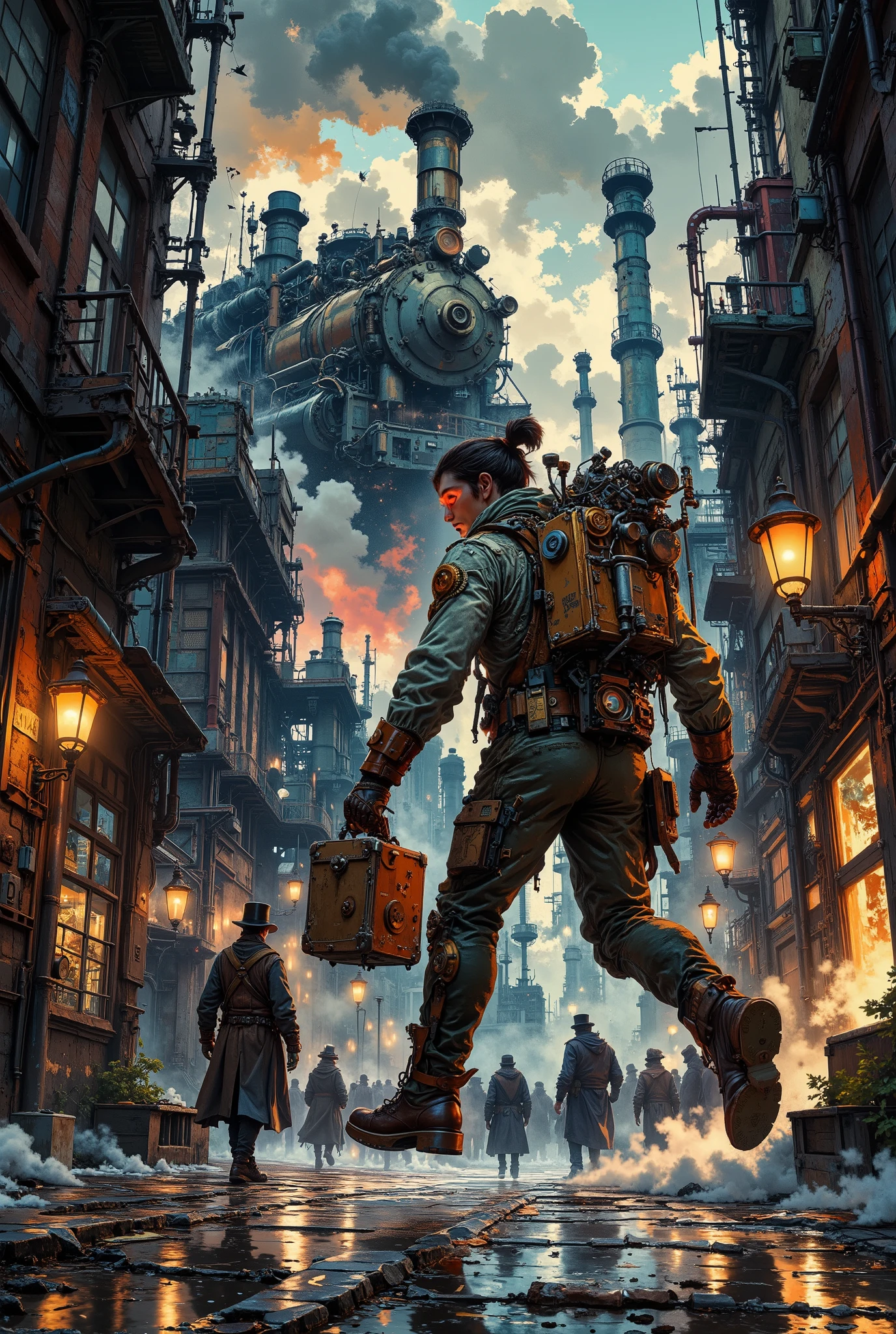 A dynamic steampunk cinematic shot. The automaton courier has just landed after jumping from the roof — the paving stones crack under his feet, and the jetpack hisses, releasing the remnants of steam. He looks around sharply, checking to see if he is being followed. There is a sense of danger in the air — someone is clearly hunting for his package.An automaton courier in a battered but functional steampunk suit: a leather belt with copper gears, safety glasses with magnifying lenses, gloves with built-in tools. On the back is a jetpack with overheating valves, from which clouds of steam escape. In his hands is a metal—reinforced briefcase with flashing lights, combination locks and ventilation grilles. On his feet are boots with pneumatic accelerators, ready to give a jerk at any moment.There are shadows of suspicious people around him.: thieves in leather raincoats with mechanical hooks instead of hands, agents in top hats with built-in camera eyes.In the background is a huge factory with smoking pipes, and somewhere in the distance you can hear the whistle of a steam locomotive. Dirty narrow streets of a lost industrial city, shrouded in clouds of steam and smoke. The pavements are paved with paving stones, covered with oil stains and traces of massive wheels. Overhead is a maze of pipes, copper wires, and balloons illuminated by the dim orange glow of gas lanterns. In the distance, you can hear the hum of working steam engines and the grinding of gears.Deep contrasting color scheme: copper, bronze and steel shades, muted by ochre and soot. Sharp shadows, glare on metal, the effect of the "dirty" industrial world. There is smoke, sparks and small dust particles in the air, illuminated by lanterns.
