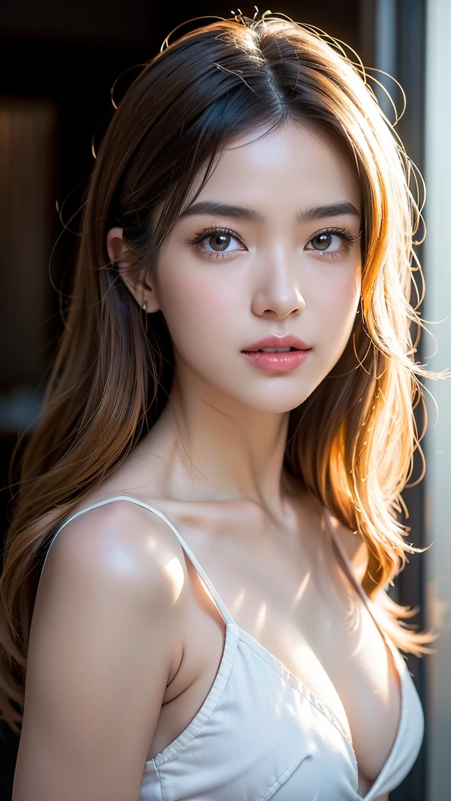 dressed, (photo realistic:1.4), (hyper realistic:1.4), (realistic:1.3), (smoother lighting:1.05), (increase cinematic lighting quality:0.9), 32K, 1girl,20yo girl, realistic lighting, backlighting, light on face, ray trace, (brightening light:1.2), (Increase quality:1.4), (best quality real texture skin:1.4), finely detailed eyes, finely detailed face, finely quality eyes, (tired and sleepy and satisfied:0.0), face closeup,white bra, (Increase body line mood:1.1), (Increase skin texture beauty:1.1), flat chest, ((small breast:1.8)), very small breast