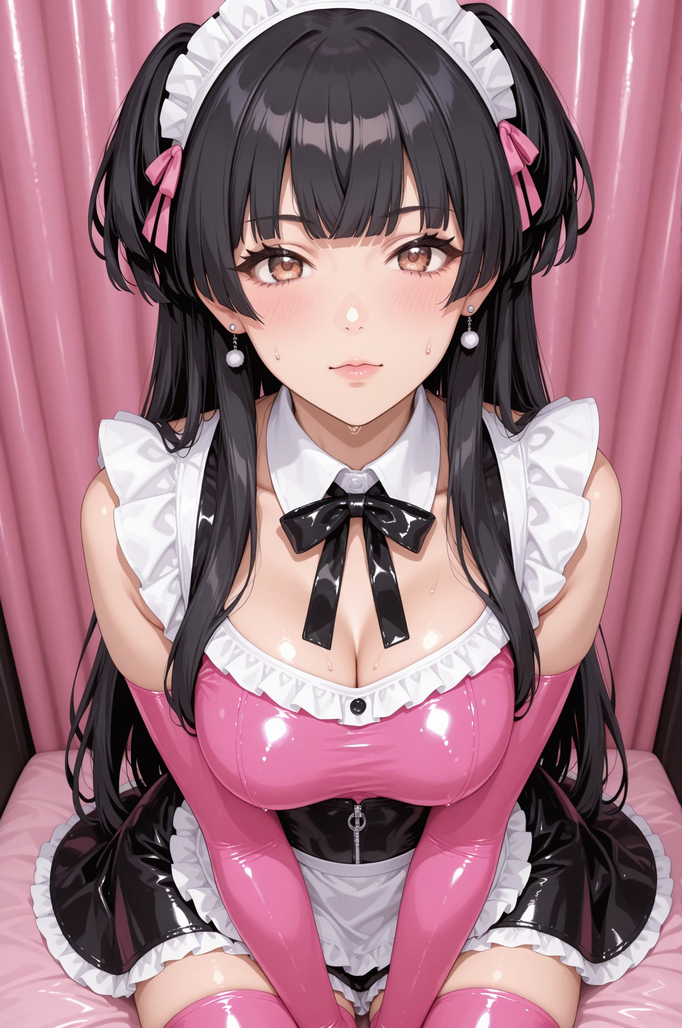 blush, smileglowing aura, natural light, masterpiece,  glossy skin, juicy lips , ,sexy, hot, , cleavage, evil,juicy lips, bimbo, hour glass, long hair with black pigtails and cute cat ears,  wide eyes, red eyes, massive , dark lighting, long hair, pink bow, lplatform shoes, bow in hair, golden round glasses, sandy blonde hair, juicy lips, cowboy shot,  ((pink bow)), dress, fangs, garter belt, black pigtails with cat ears