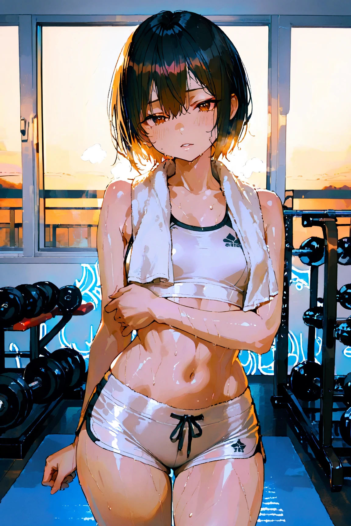 Cute Japanese high school girl with bruises and short cut black hair. She is biting her lips. She is angry at herself. She is sitting in the waiting room of a martial arts arena. After losing a match. She is reflecting on her loss. She is disappointed. Very sweaty, out of stamina, slender body, poor breasts, small breasted sports bra, high leg shorts, open finger gloves.