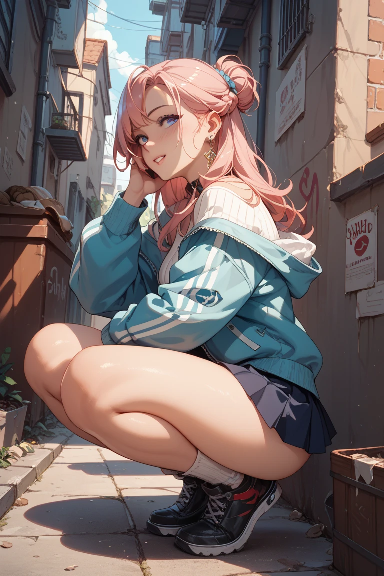 ((1 Girl)), Latest Trends in Clothing, Heart Clothing, cute, Light blue shorts, Iridescent shoes, Street fashion,(ribbon),Cowboy Shot,((Very detailed,Highest quality, High resolution, 8k wallpaper, Beautiful clothes,)),((Pink Hair, Short Hair,Twin tails, Braid)), (Pink Eyes),eye shadow, eyeliner,Glowing Eyes, Very detailed目, Complex eyes, Beautiful Eyes, ((輝くPink Eyes)), 18-year-old girl