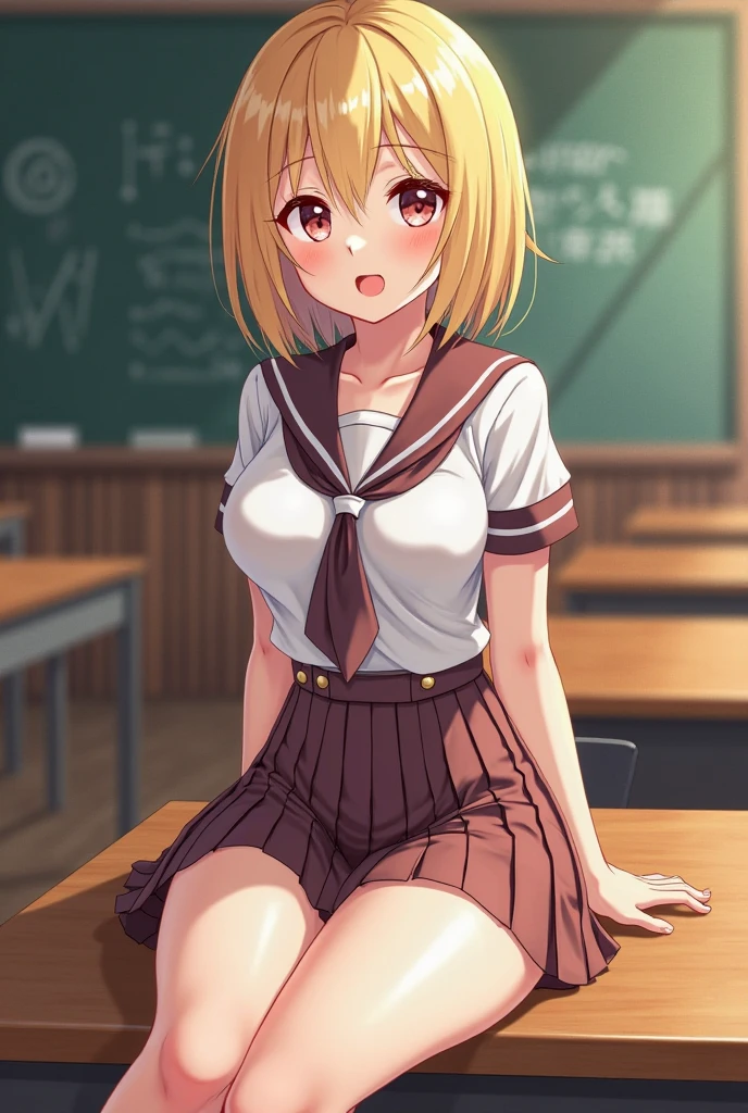 1girl, nsfw, houjousatoko, short hair, blonde hair, purple eyes ,hairband, empty eyes , large breasts, nipple, wet, crying , alone, crying, Naked, solo, 1girl, classroom