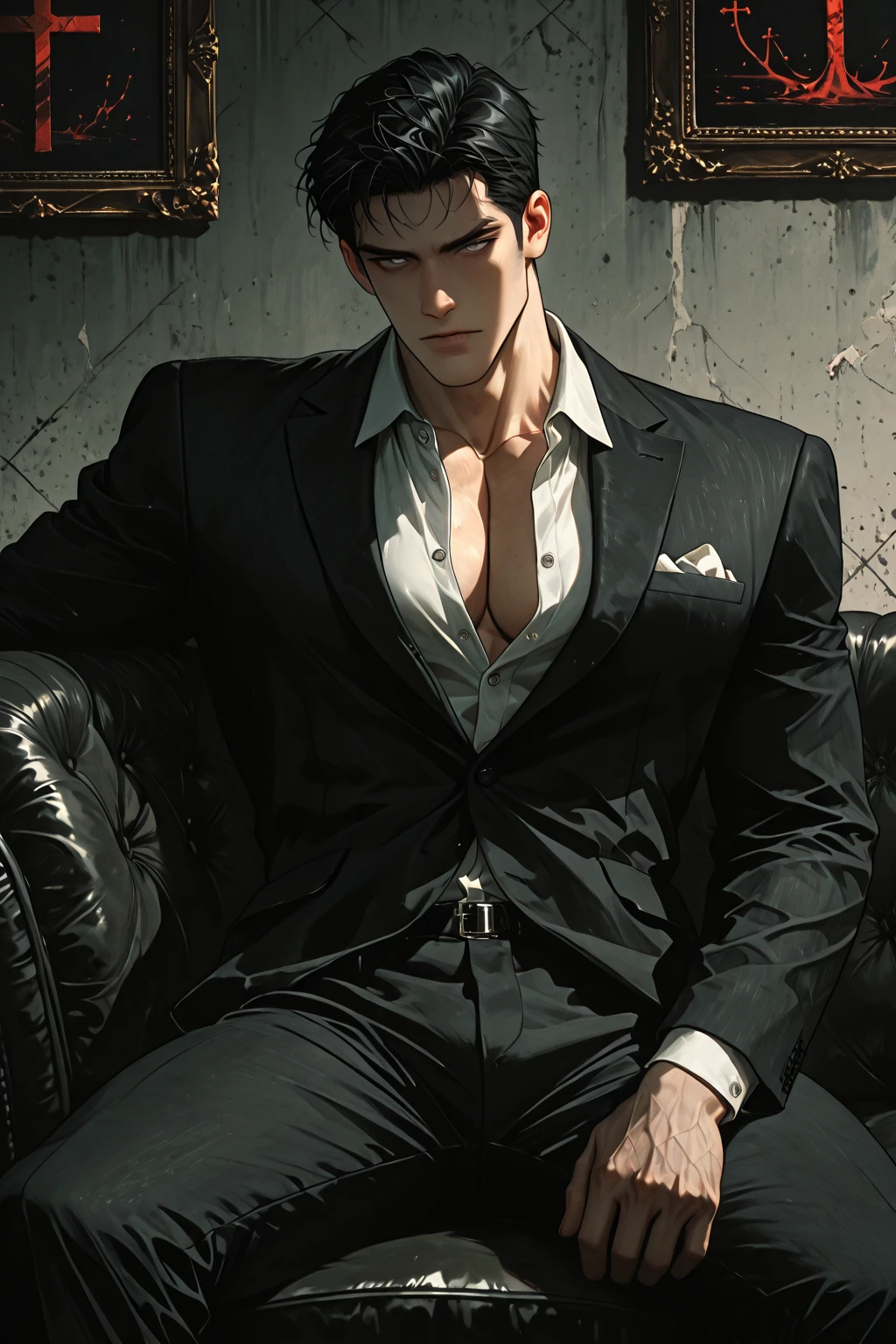 (Best Quality,4k,8k,High resolution,masterpiece:1.2),ultra detailed,(realist,photorealist,photo-realist:1.37),1 man,31 years,mature man,Big eyebrows,shirtless,very handsome,big body,muscular,serious expression,short gray black hair,blue eyes,glare,sitting in a chair,perfect face without mistakes,imposing posture,cinematic lighting,imagen HDR