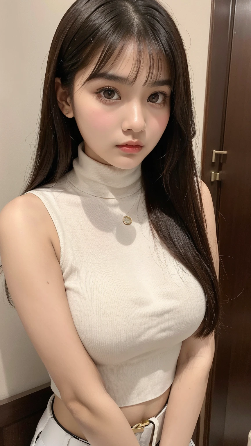 Kim Jennie with white brown hair, with curlers at the ends, with two bows on each side of the hair, all her white hair brown, with a star clip in her white brown hair, light colored eyes, Beautiful eyes, crying eyes, Beautiful, splash nose, watery nose, Beautifuls labios, pink lips, heart and cupid shaped lip, Beautiful skin, pale, White skin, with moles and freckles all over his face, soft pink blush on cheeks, natural pink blush, soft pink makeup, Jennie, Nice neck, marked collar, frown, tender look, with a kiss necklace, a Beautiful kiss necklace, similar a Yumeko Jabami, while using a YK2 Crochet, woolen, with a YK2 style brown miniskirt, while wearing stockings, secretary stockings, medias sexy, while having a bare abdomen, Delgado, marked and Beautiful, (big breasts, soft breasts, Beautifuls pechos), while she cosplays the character Yumeko Jabami, The anime Kakegurui., looking to the camera