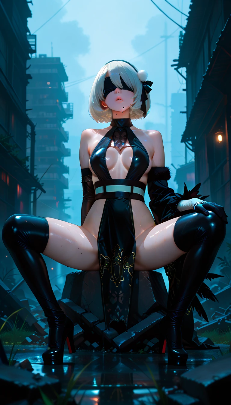 mercy, thighs, full body, high heels, nude tits, sitting, black jeans pants, wide hips