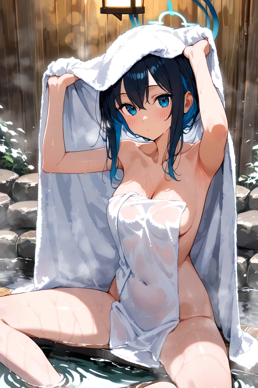(masterpiece), ((highest quality)), (Super detailed), (perfect body), (((1 girl)), dark blue hair, short hair,ponytail, dark blue eyes, (((Elegant b hroom)), Naked bでh towel, Medium chest, W de er drople, thighs, blush, Wet: 1.1, perfect hands,Rich details, perfect image quality,toned body,uniform,,,forest,Wet with sweat