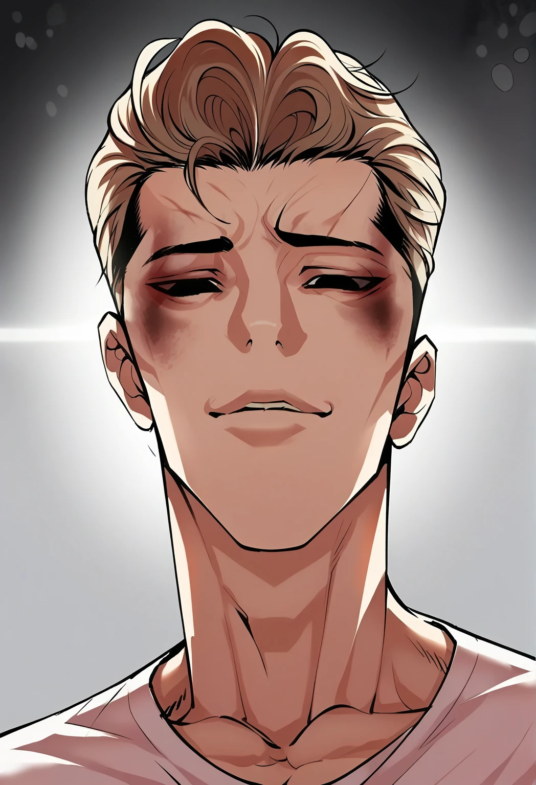 close up shot of a anime hadnsome young man looking at the viewer with a seductive look, red eyes, (Leon Kennedy), ((light blonde hair)), (pale skin), dynamic pose, ((pale skin)), (((wearing a tight white t-shirt))), , blonde anime boy white background