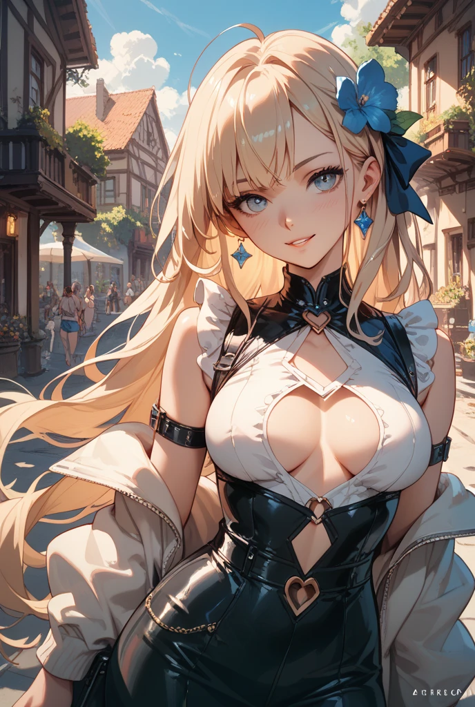 ((highest quality、High resolution、8K、masterpiece:1.3))、dynamic angle、I can see the whole body、wallpaper、1 girl、unparalleled beauty、ultimate beauty、super detailed face、delicate eyes、smile shyly、sexy look、looking at the camera、Depth of bounds written、light particles、side light、long hair、blonde、Maid outfit decorated with jewels、(Holding down the skirt with both hands)、(The wind flips up the skirt and reveals the panties.)、Open chest、big breasts、cleavage、Thighhighs、thighs、slim、slender、Old castle at night
