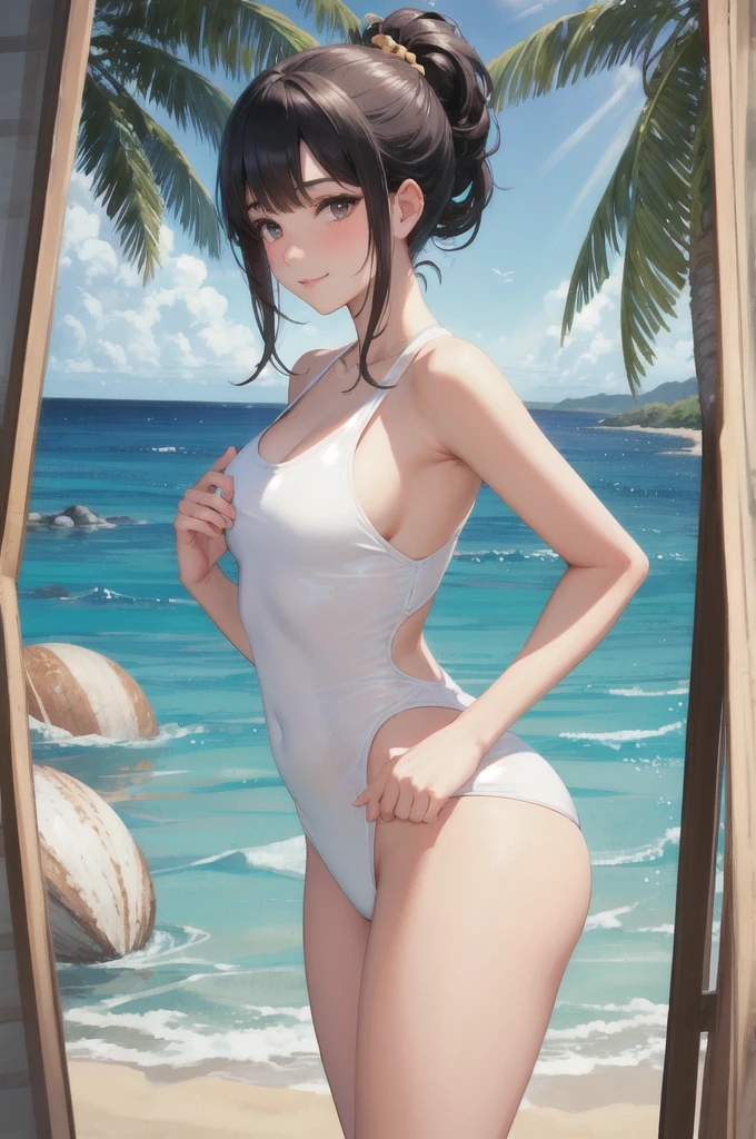 1 girl, watery big eyes*Su Jiushui*Wet hair*hair open*ear studs*swimmingpool>,, Low RA:Add to_the detail:1，One-piece swimsuit，Bigchest，back，I can see side boob，Plump