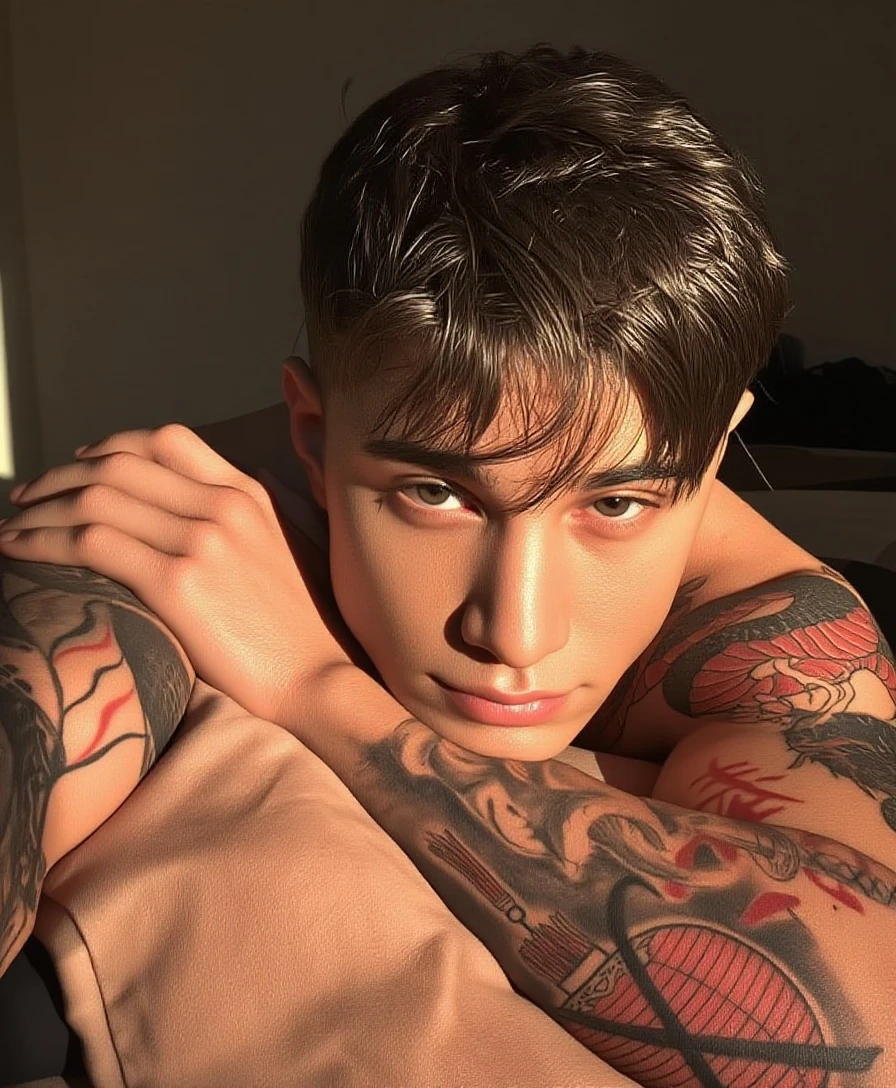 hot young male, 18 years old male, very short hair, shirtless, bedroom background, dark colors, low mustache,, fitness body, tattoed, tattoo in the chest, tattoo in the neck, pubic hair