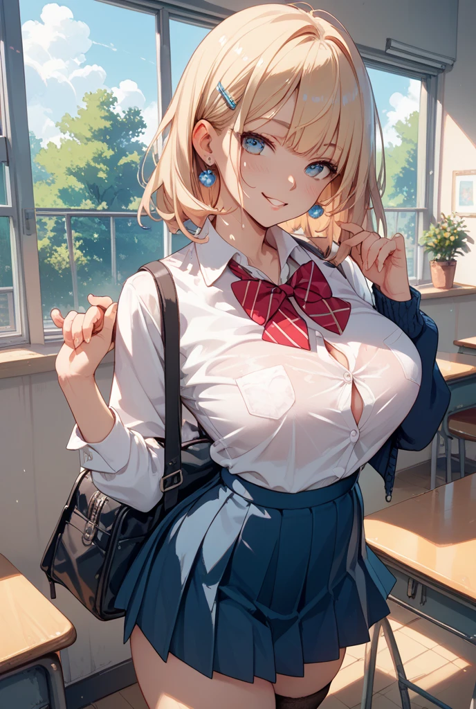 (Masterpiece: 1.2, high quality), (realist, fotorrealist: 1.4), beautiful illustration, 
 looking at the viewer, whole body, front view: 0.6, 
 1 girl, japanese, high school girl, (wide: 1.5), blond hair, (half up, half up), fringe, hair between the eyes, big breasts: 0.8, 
 Beautiful hair, beautiful face, Beautiful detailed eyes, beautiful clavicle, beautiful body, Beautiful chest, Beautiful thighs, beautiful legs, beautiful fingers, 
 (beautiful landscape), , school,
 ((short sleeve collared shirt, White shirt, , Gray Plaid Pleated Skirt, red checkered bow tie)), white panties, 
 (standing, lift your skirt, grab the hem of the skirt, hands on chest, the hand between the legs), 
 blush, ,