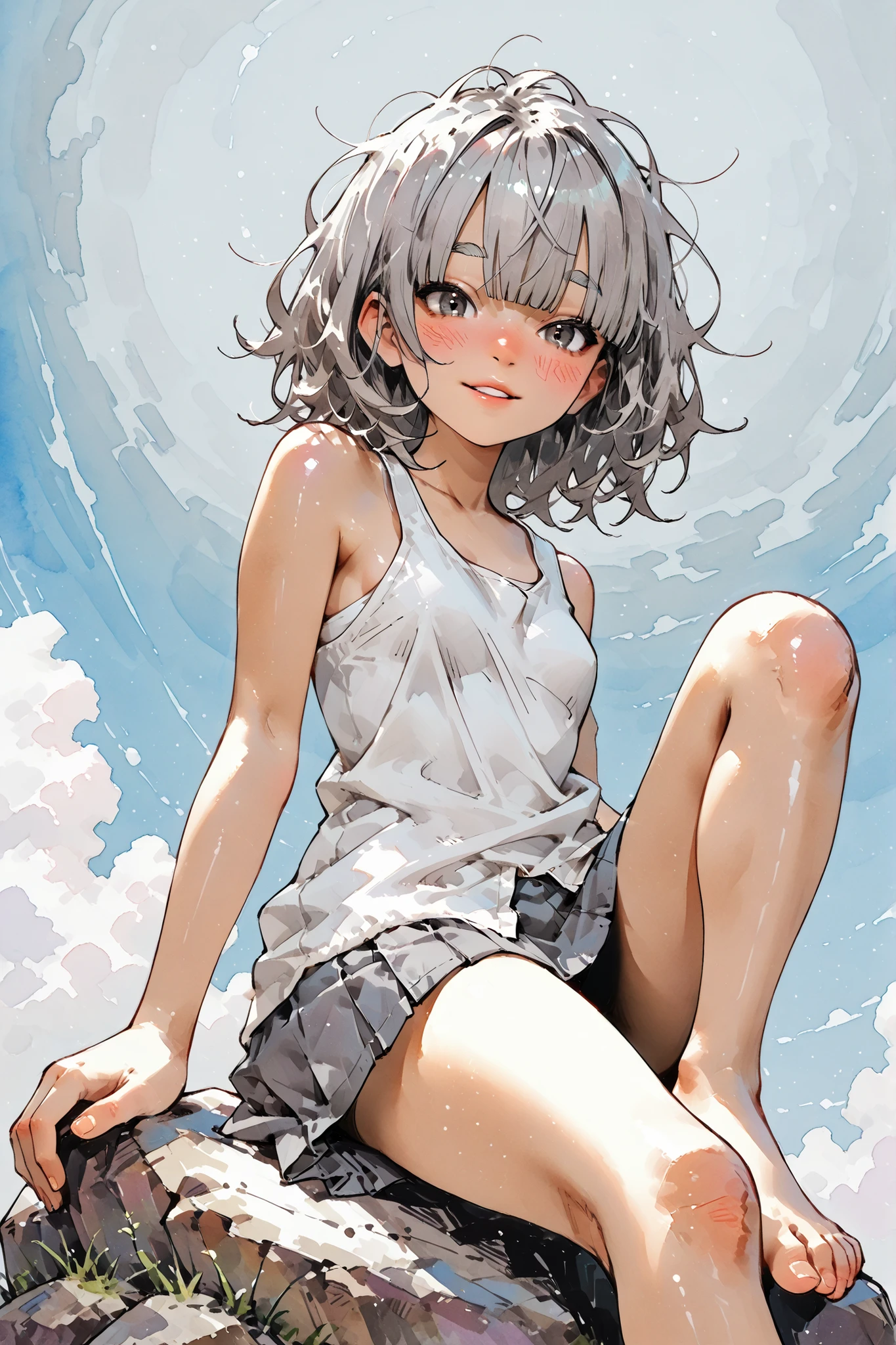 1girl,Super Detailed,absolute resolution,(dynamic angles),(tanned skin:0.5),Japanese girl,(portrait),(pinup),(from below:1.5),
sitting on large rock,looking down at viewer,
(tight white tank top),,(untucked tank top:1.5),((skyblue miniskirt),barefoot,
detailed and beautiful face and eyes,dark gray eyes,,(Thick eyebrows:0.5),(round nose:0.5),
small breasts,light gray hair,medium hair,blunt bangs,hair over both eyes,(messy hair:0.3),
(blush:0.5),(nose blush:0.5),(light smile:0.8),(parted lips:0.5),summer sky,watercolor Background,(Watercolor anime:0.5),
