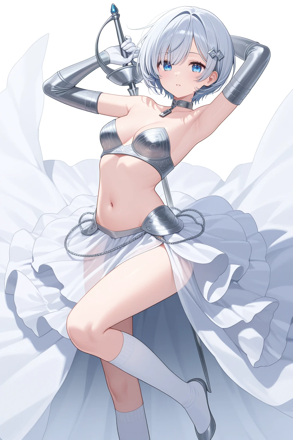 masterpiece, best quality, highly detailed, 8k, pure grey background, japanese comic, sketch, 20-year-old girl, athletic body, abs, muscular, beautiful face, shining eyes, long legs, short hair, big breasts, wearing white stockings, wearing white long boots with high heels, slender waist, tight butts, opening mouth, korean idol, dancing, elegant
