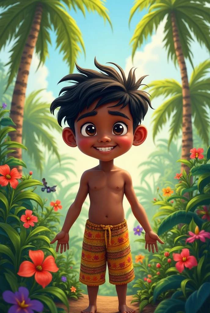 Make a picture of a boy with an oval head. It was a black skin and was hugging a nearby tree.In the rubber plantation.skinhead hair .he is 13 year old.he is happy.
