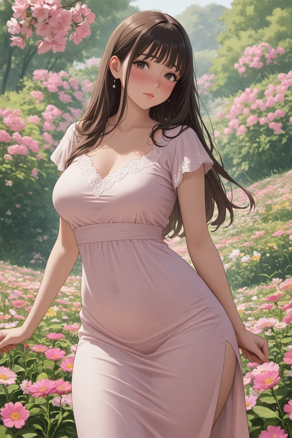 An 21-year-old girl with very, very big breasts in a short dress, European style, with cleavage,pastel color tones,soft lighting,medium:oil painting,ultra-detailed,realistic,beautiful detailed eyes,beautiful detailed lips,youthful and innocent appearance,curly brown hair,holding a bouquet of blooming flowers in her hands,surrounded by a vibrant garden with colorful flowers and tall green trees,filter: dreamy and ethereal,with a warm and delicate atmosphere.
