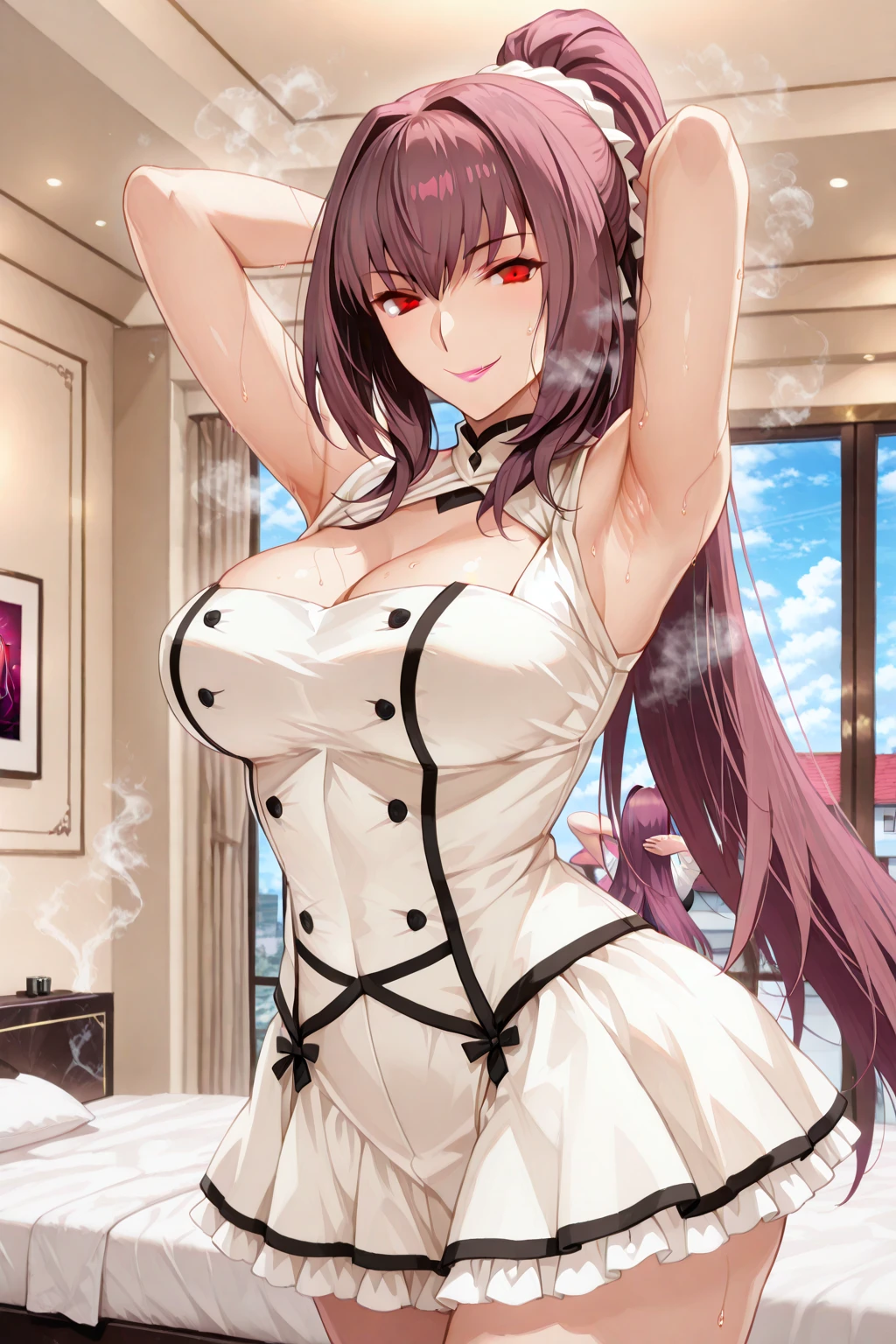 high tail hairstyle, Ponytail hairstyle, Long wavy black hair, standing posing, anime girl style, pixel art anime style,penetrating look with deep eyes,red and purple eyes, hair with a ponytail hairstyle trapped with a big red bun, Women, red hair clips, x color shaped hair clips , smiling face blush, next to his bed , lingerie, maid outfit, Black hair, mini skirt, showing my ass to the camera, maid, big thighs, big ass 