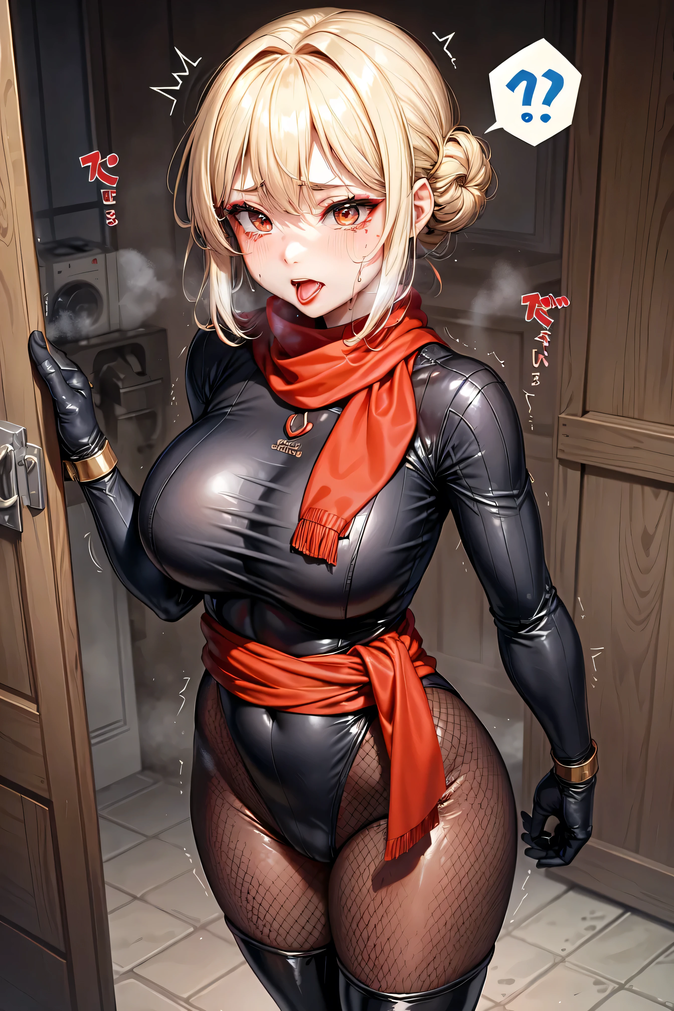 1 girl, 40 generation, (blush), ahegao, yellow bob hair, pink eyes, (tight blue fishnet dress), a lot of sweat, big breasts, open chest, (open crotch), sitting, With a butt like that, ((red stocking)), (background: basement), masterpiece, highest quality, realistic, 8k