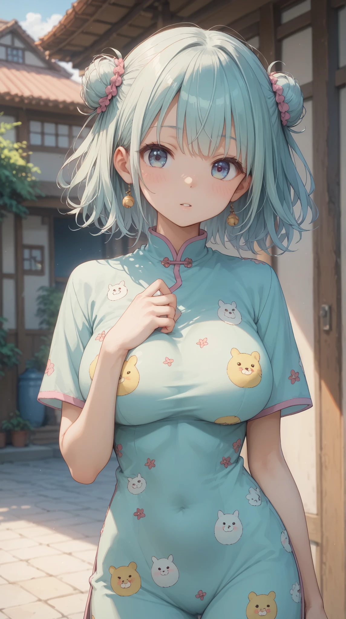 (masterpiece, top quality, best quality)、photoreality、Ultra High Definition、girls, Chinese dress、cute, summer, living、Sunshine, high resolution, Super Detailed、(Blush、Staring fascinatingly )、(、 cleft)、untidy pajamas that make you stretch your hands wide、((Messy Hairstyle))、(perfect )