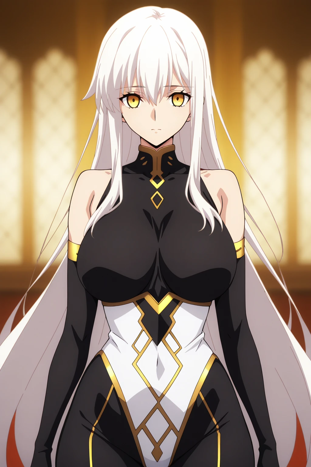best quality, expressive eyes, perfect face, white hair, black jacket, cat ears, cat eyes, yellow eyes, long hair, huge breasts, one female,