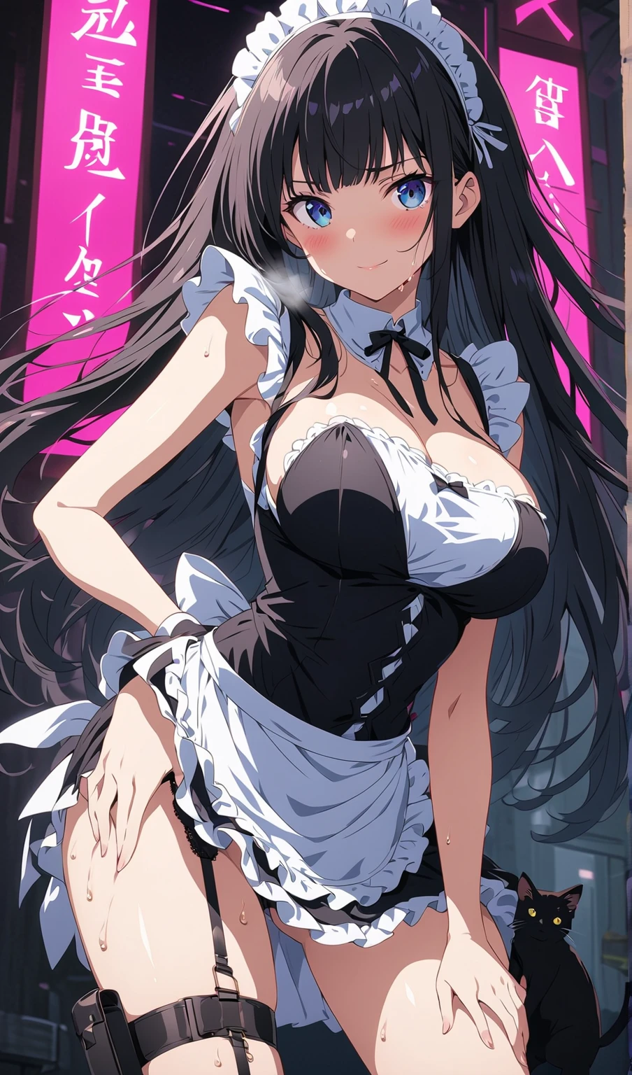 masterpiece, best quality, extremely detailed, 1girl, mature female, solo, raynare, (huge breasts:1.4), (((black hair, long hair, pink eyes, slit pupils))), parted lips, (((lace-trimmed nightgown, see-through dress, lace-trimmed hairband, elbow gloves, white gloves, black pantyhose))), ((seductive smile), closed mouth), ((sitting on the bench, rooftop, dystopian cityscape))