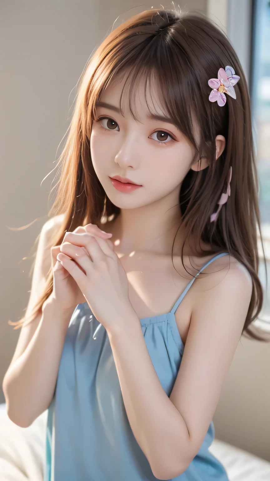 pink haired anime girl lying in bed wearing a blue shirt, charming anime girl, cute anime girl, Detailed Digital Animated Art, cute realistic portrait, Soft Animated Illustrations, Gwyds, do, best anime 4K Kona-chan wallpaper, Beautiful Anime Girls, artwork in the style of Gwyds, holding a camera and taking pictures smooth animated CG art, (Detailed Handshake:1.3, Perfectly Right Hands:1.3), (Detailed Eyes and Faces:1.2), (perfect anatomy), (top quality, best quality, 傑do), photoreality, Ultra High Definition