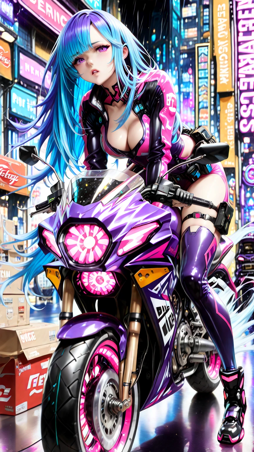 Cyberpunk girl with huge breasts in a neon suit with huge cleavage on a futuristic motorcycle in the city