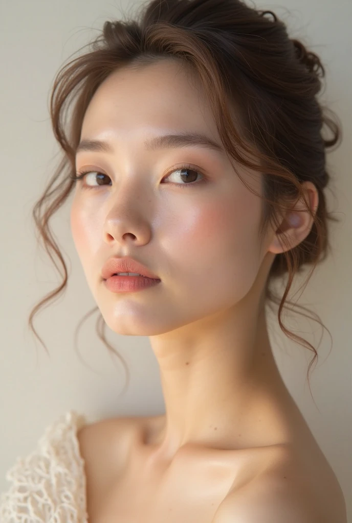 masterpiece, Highest quality, One girl, profile, ponytail, Updo, Neck, Pink Lips, Slightly upturned nose, Long eyelashes, Realistic skin texture, Attractive face, Blurred, ?????、nude、flat chest