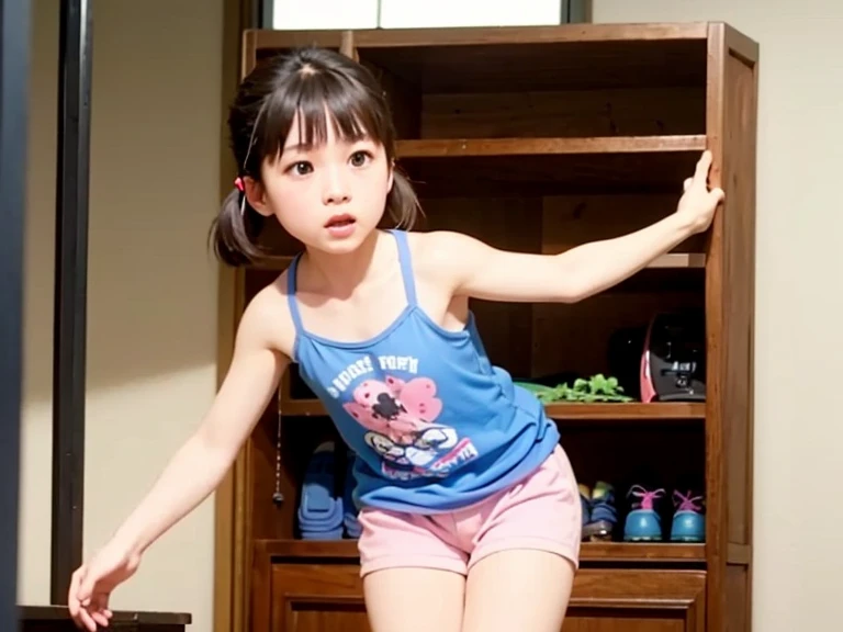 Cute Japanese Girl、、Short ponytail、White gym clothes、Inside the room、Sitting in a chair、scared、profile、Extend one arm forward、Open your mouth