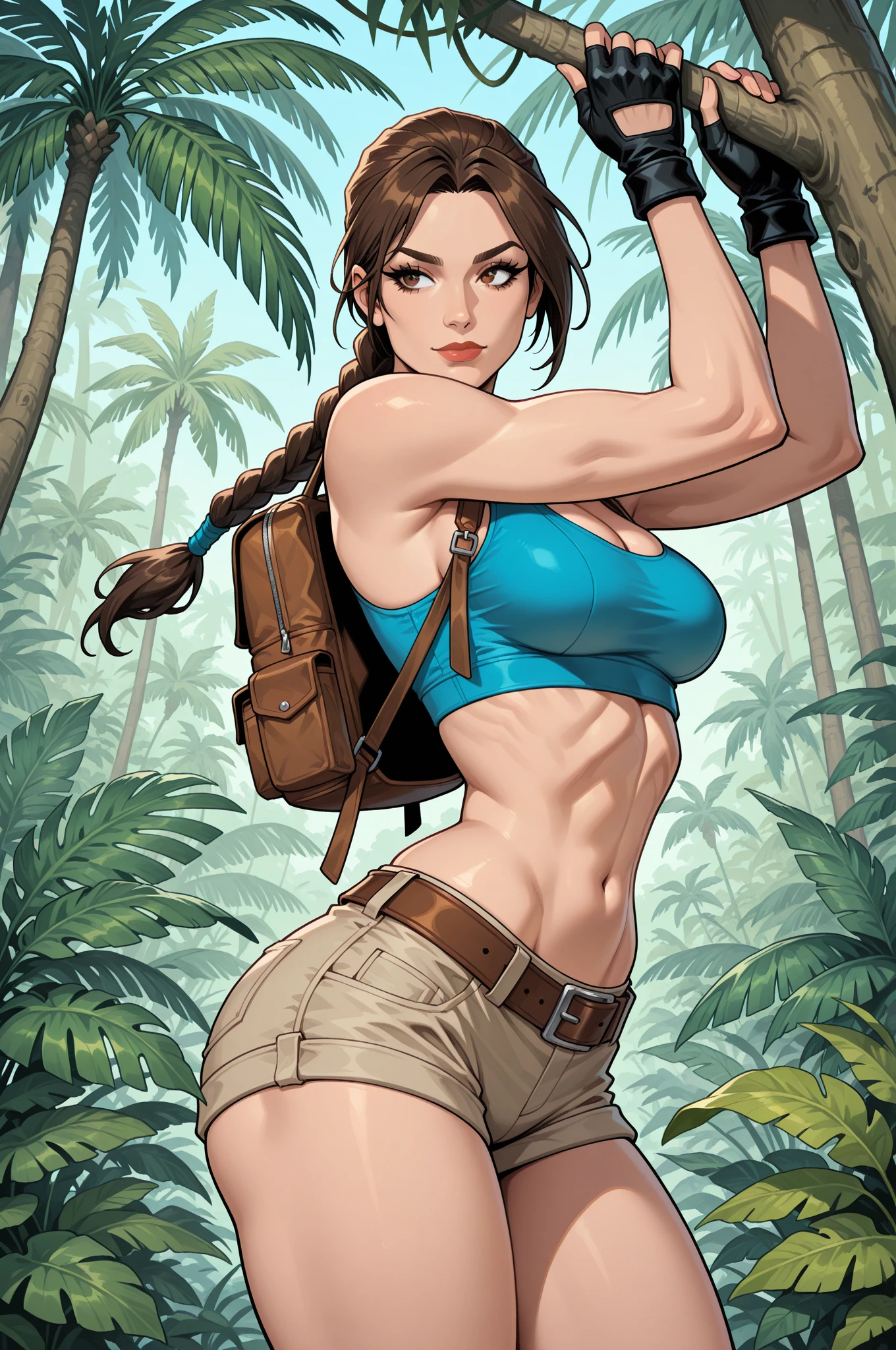 (masterpiece, top quality, best quality, official art, beautiful and aesthetic:1.2), (1girl:1.3), brown hair, ponytail, extremely detailed, portrait, looking at viewer, solo, (full body:0.6), detailed background, close up, mischievous eyes, (cool Incan ruins theme:1.1), pleasant smile, brunette, aquiline nose, green eyes, ponytail, ((gigantic breasts)), (thin), athletic, Lara Croft. Wearing a sleek light blue sleeveless top, brown shorts, boots, shoulder harness, backpack, holsters, utility belt, slim waist, slim hips, long legs, ancient (jungle ruins exterior:1.1) detailed background, bright optimistic lighting, shadows, magical atmosphere, dutch angle, 