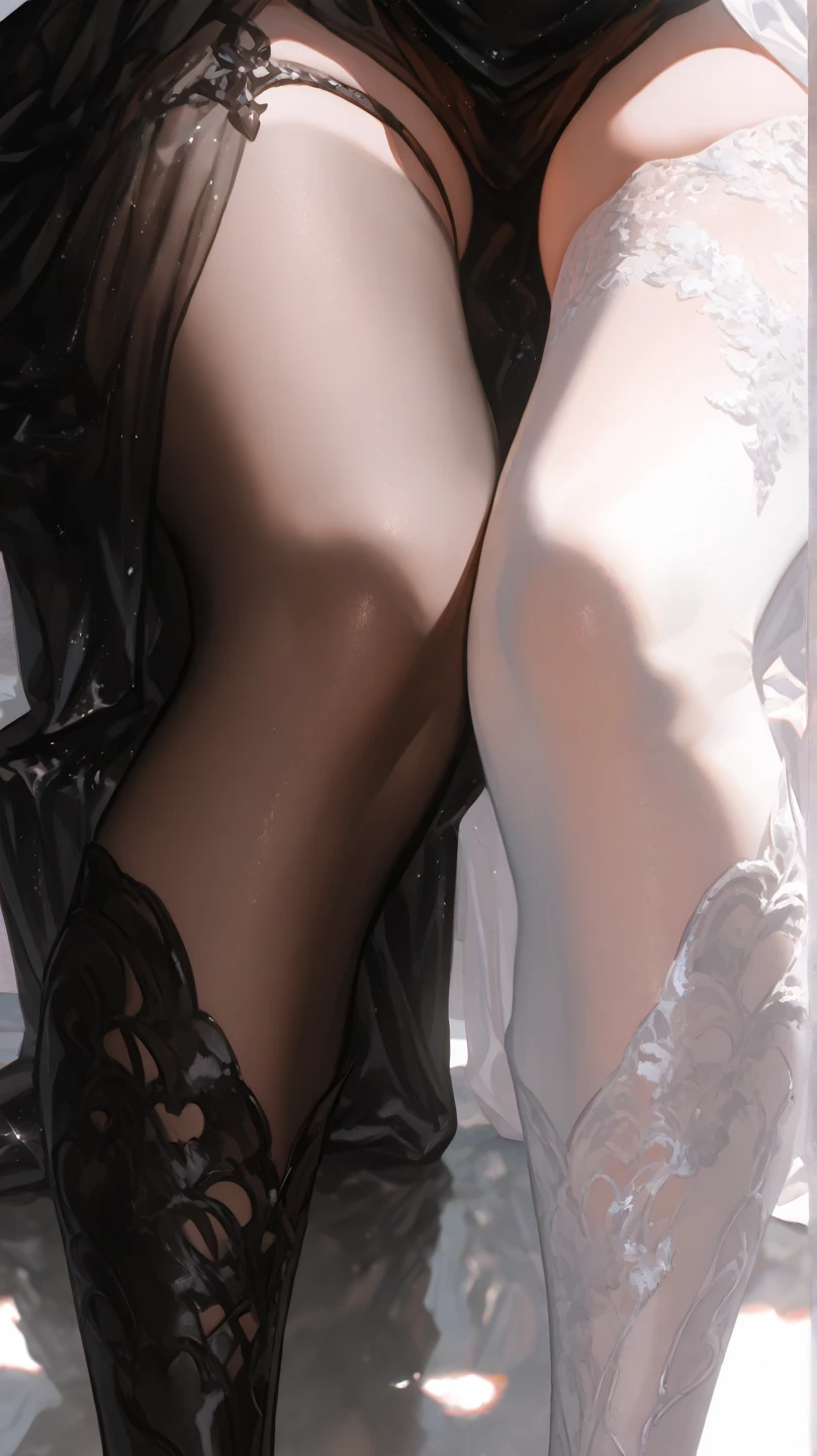 2girls,lineup,side by side,black hair,light eyes,(leg,up:1.3),cowboy shot,masterpiece,best quality,very aesthetic,absurdres ,(Lace panties:1.2),(standing,leg up),(split)