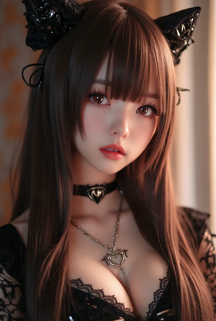two kiss、Depth of bounds written, detailed eye, ((CG illustration)), ((face focus)), ((masterpiece)), ((8K)), ((super detailed)), ((Super high quality)), ((cinematic)), ((Photoreal)), ((close up shot)), (solo), (cool girl), very long hair, straight hair, (((thin body))), Glossy skin, ((look away)), (Beautiful goth girl with high cheeks and legs), Gothic makeup, clear eyes, lipstick, dark eye shadow, ((No bra)), choker, earrings, provoke, night, ((full moon)), ((Functional)), Lonely, Visual kei, ((pastel colour)), Unwound clothes, forget, kiss, White Knight, dark, silence