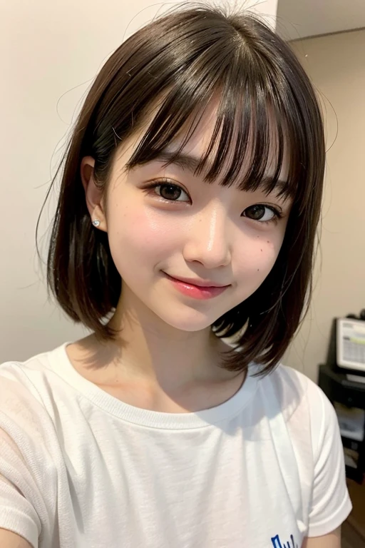 Black T-shirt、Medium Short Hair、smile、looking at the camera、