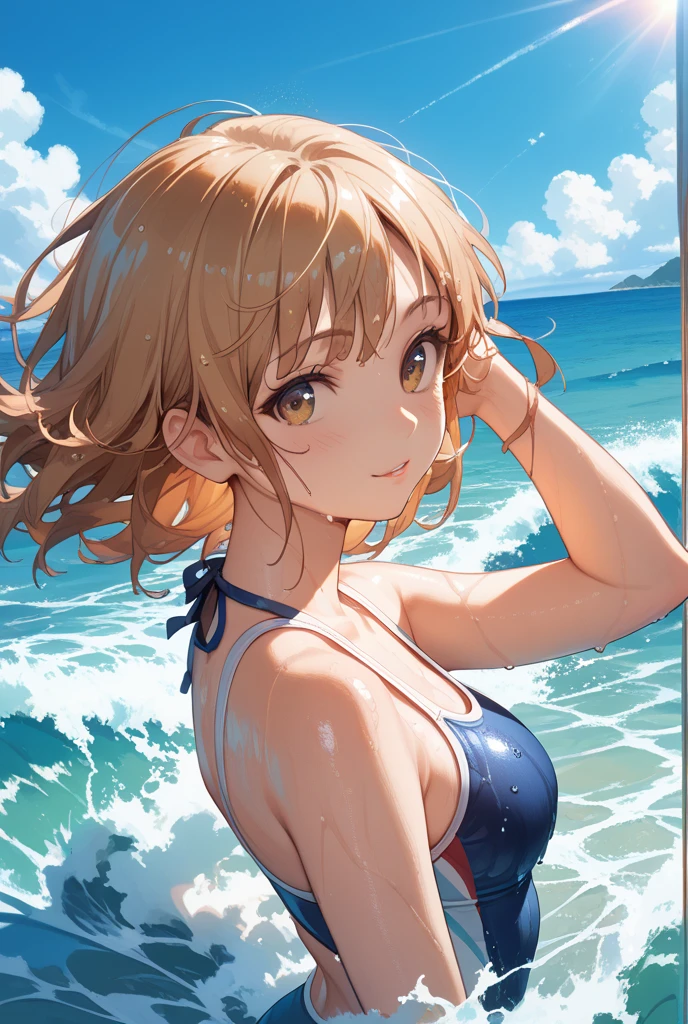 Mycotrose, Brown eyes,Brown Hair,short hair,One side up,Flower Hair Ornaments,smile,Open your mouth,Bikini swimsuit with ruffles,barefoot,Water Play,Wet Hair,Wet swimsuit,Wet Skin,True Summer,Daytime,Clear skies,whole bodyがイラストに入るように,
break looking at viewer, whole body, (Cowboy Shot:1. 5), break outdoors ,Ocean,Beach, break (masterpiece:1.2), Highest quality, High resolution, unity 8k wallpaper, (shape:0.8), (Beautiful and beautiful eyes:1.6), Highly detailed face, Perfect lighting, Extremely detailed CG, (Perfect hands, Perfect Anatomy),