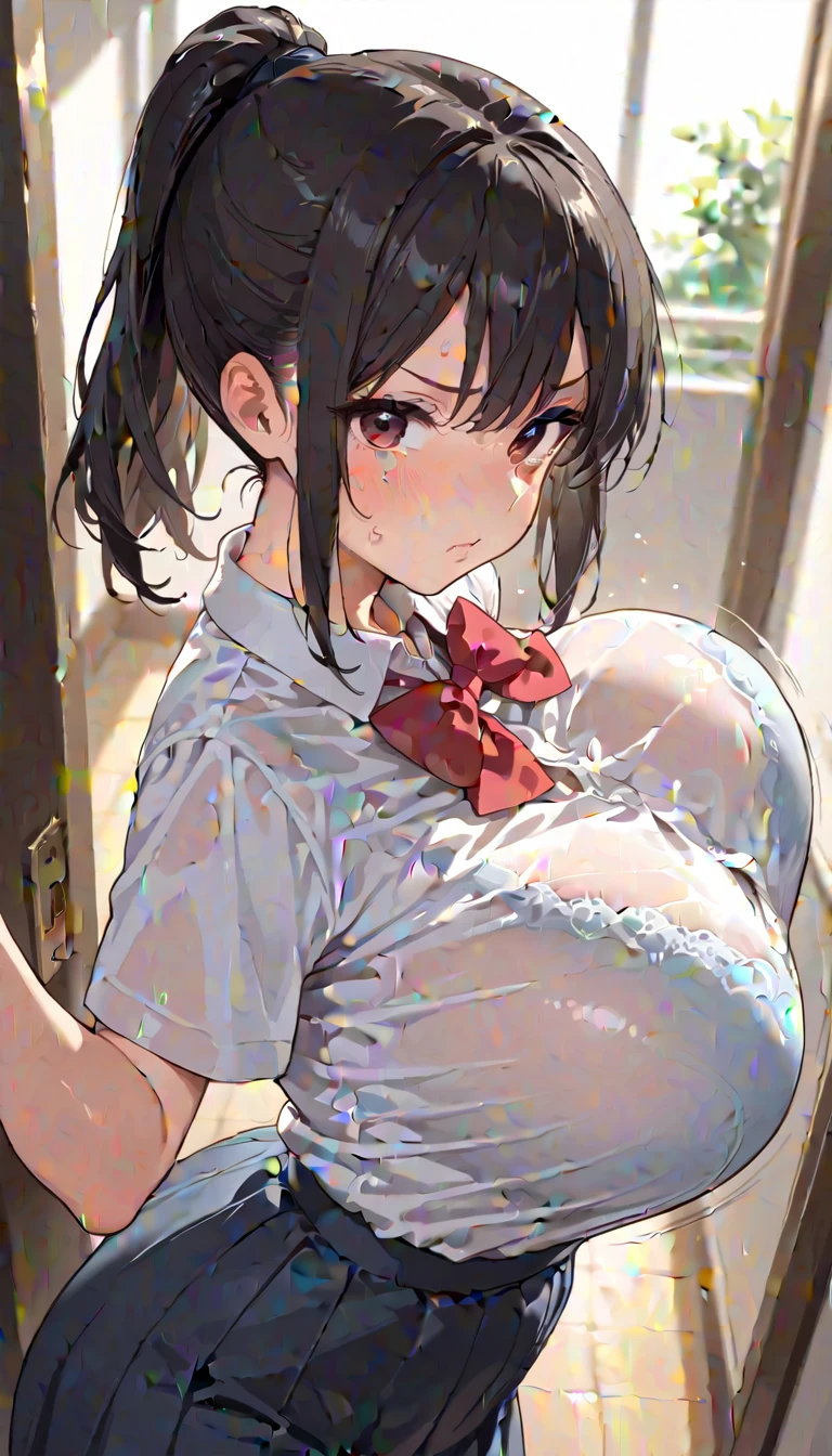 (masterpiece)1 girl, Nico Yazawa、highest quality, expressive eyes, perfect face, upper big body, smile, blush, wearing a wet office shirt, indoor, Day, simple background, lie down, looking for , bright sky, looking for at viewer, stage, moody lighting、very big breasts、cleavage、nipples are transparent、A lot of milk comes out from the nipples、Breast milk squirts out of the nipples、put the chest on the tray、standing position、whole body、mini skirt、Detailed female genital shape clearly visible