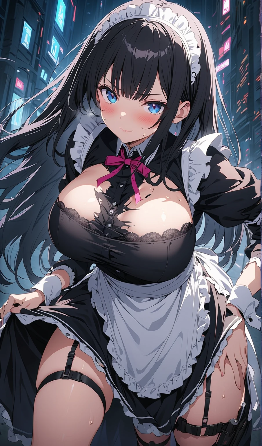 One Woman、beautiful girl、maid、20-year-old、Very Long Hair、Western-style building、maidの、maidカチューシャ、Short skirt、Black Pantyhose、Highest quality, smile,Big Breasts、Very large breasts、Put it on the table、 Sink into the table、Put it on the table、Bust up angle、Place the breast on the table、Put it on the table、Put your chest on the table、Poses that accentuate the chest