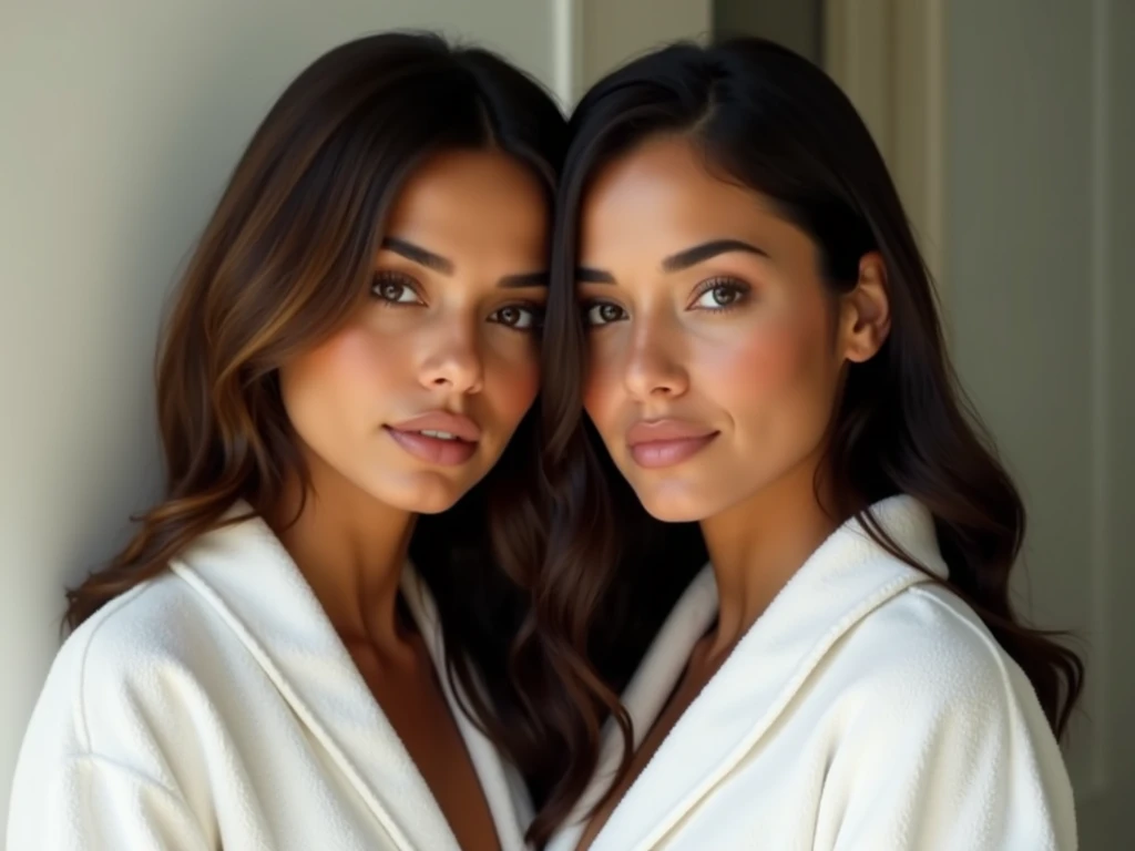 A 16-year-old, 50-kilo Brazilian woman with long, dark straight hair and wearing a towel covering her entire body, in a towel lying on a white bed with her friend next to her, full body background room looking forward